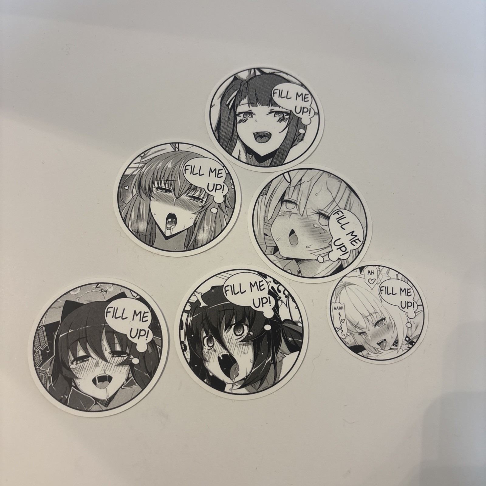 Lot Of 6 Anime & Manga Round Sticker Decal «FILL ME UP!» Black White Gray