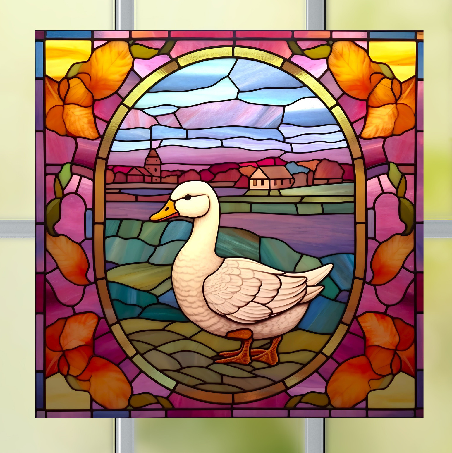White Goose Faux Stained-Glass WINDOW CLING Size 8″ Square Vinyl