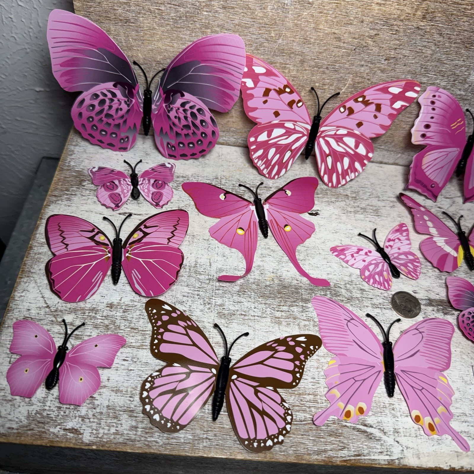 Lot of 12 3D Realistic Butterfly Wall Stickers Different Sizes, Shapes PINK New