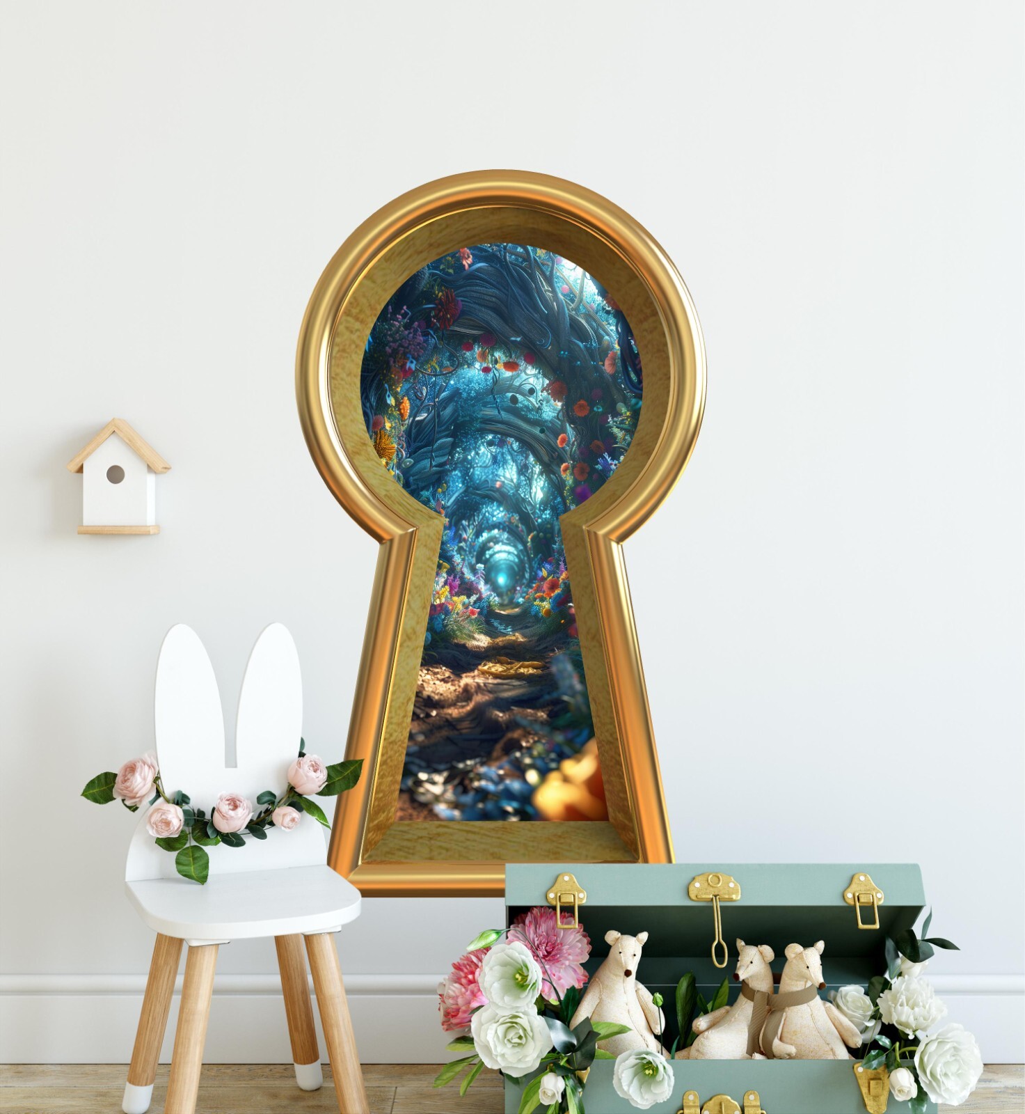 3D Keyhole Removable Wall Decal Sticker – Flower Path Through The Rabbit Hole