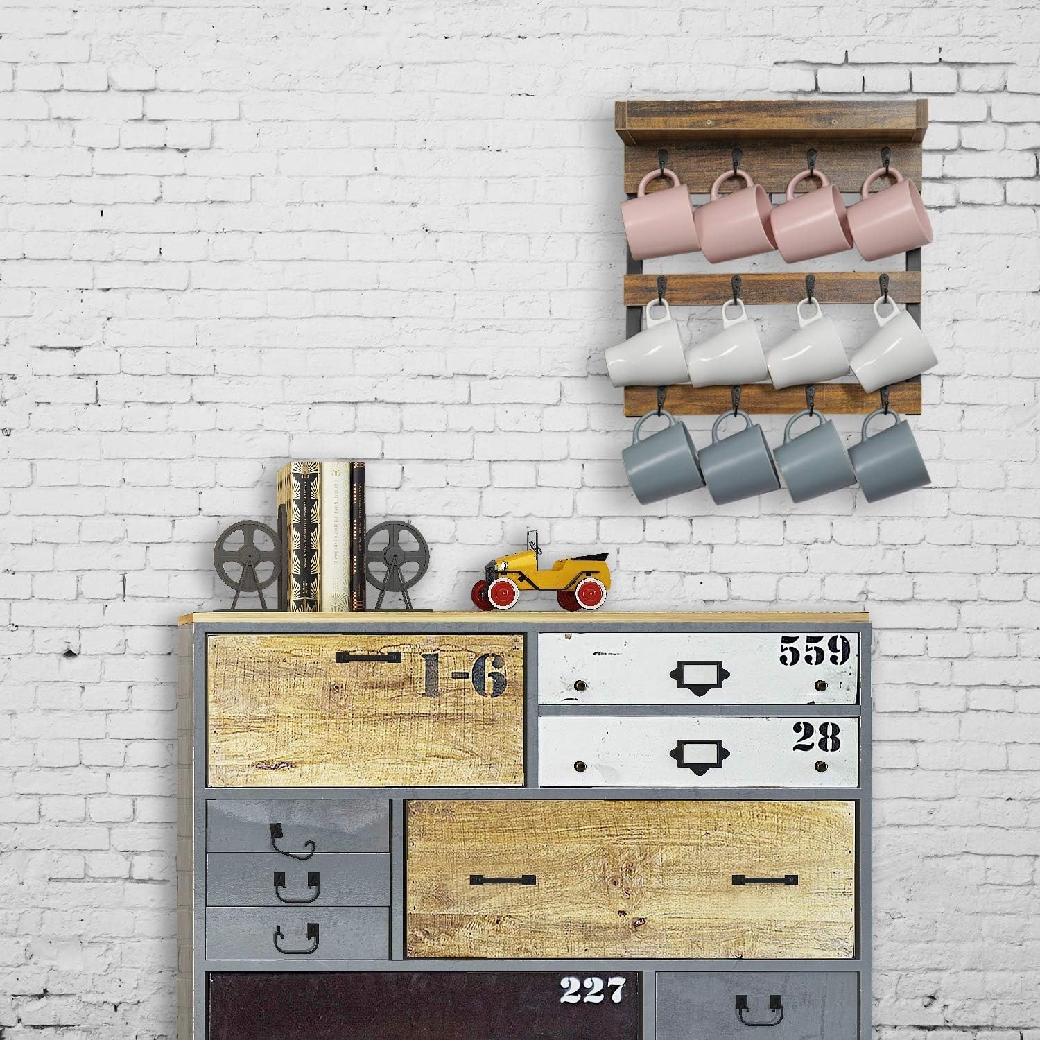 Stylish Wall-Mounted Mug Holder with 12 Hooks & Detachable Shelf – Rustic Brown