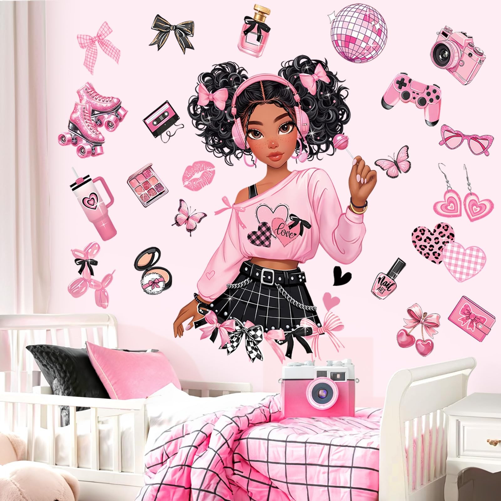 Black Girl Wall Stickers Pink Bow Butterfly African American Wall Decals Baby…