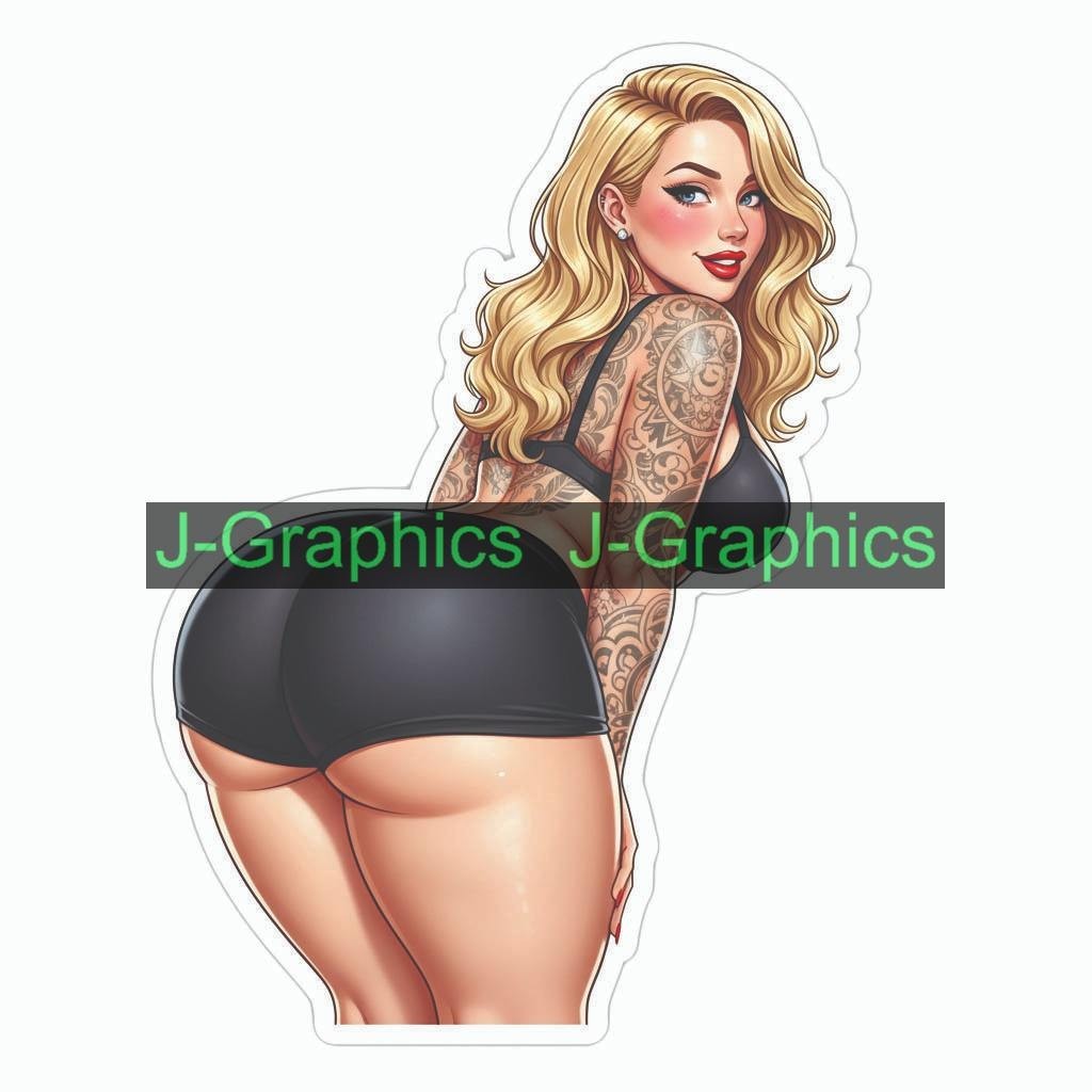 Pinup girl push sticker vinyl decal corset busty cheeky sexy seductive GG
