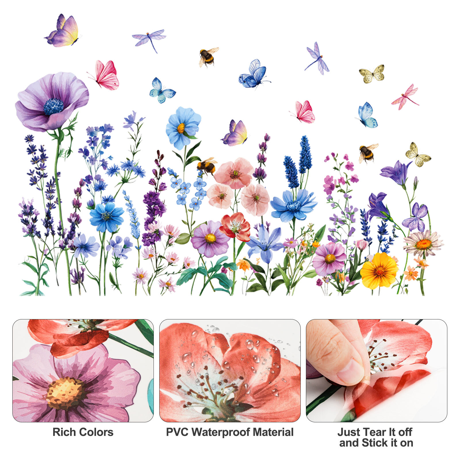 1 Set Colorful Floral Dragonfly Wall Stickers Waterproof Flower Mural Decoration