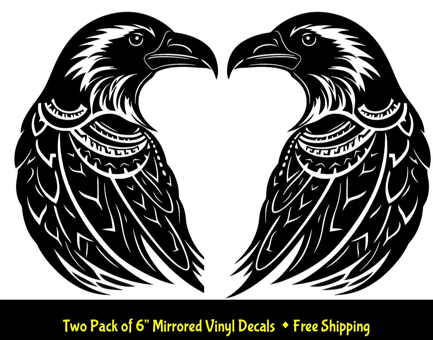 Tribal Raven Crow Rendering Two 6″ Black Mirrored Vinyl Decals Car Laptop Tablet