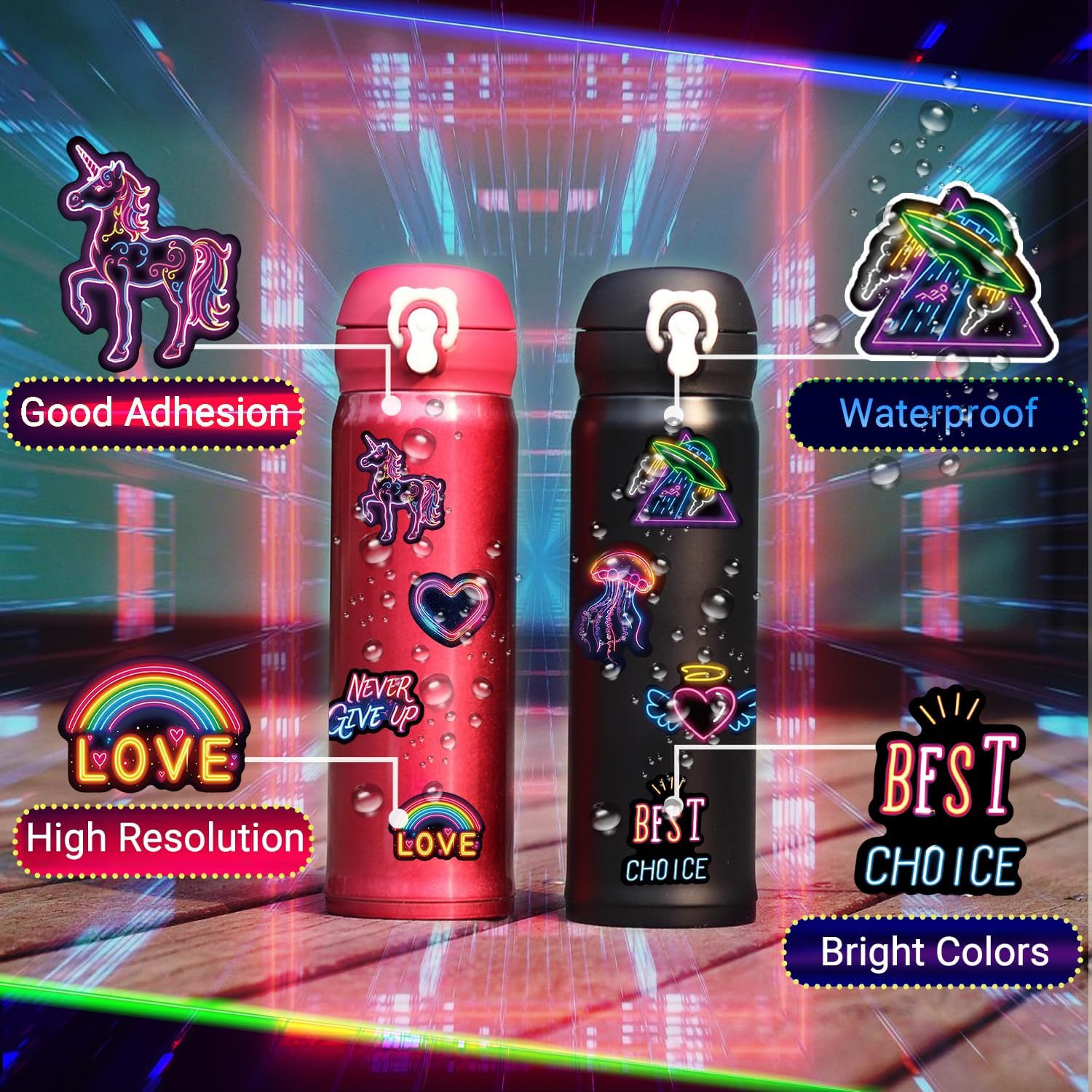 Water Bottle Stickers 100 Pcs Cool Cute Neon Sticker Packs Prizes for Kids Clas