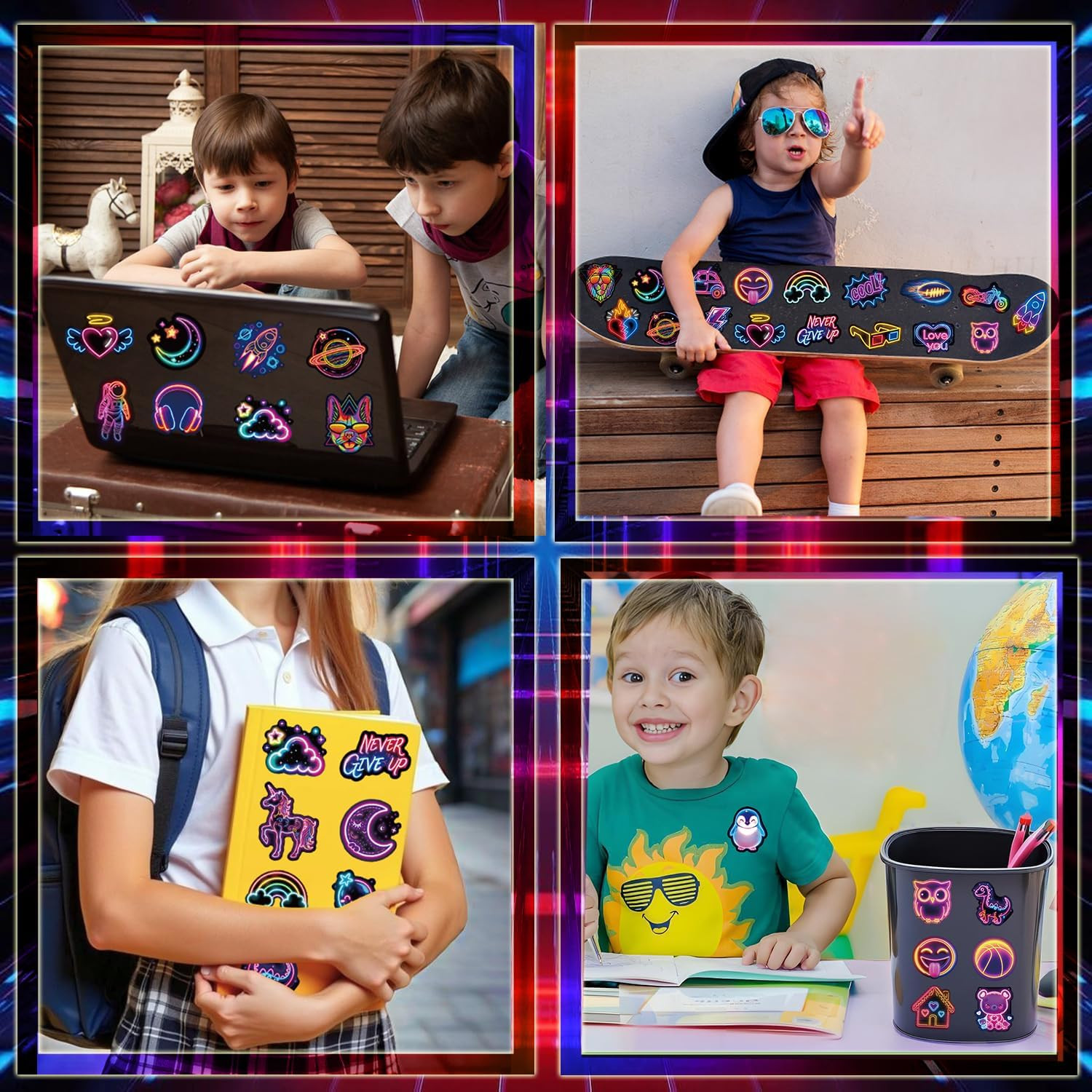 Water Bottle Stickers 100 Pcs Cool Cute Neon Sticker Packs Prizes for Kids Clas