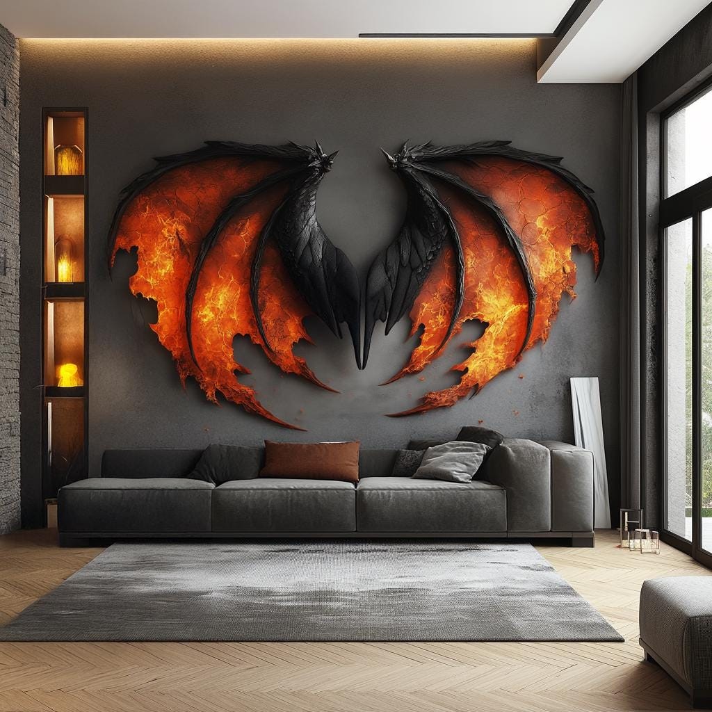 Dragon Wing Wall Mural | Fiery Fantasy Wall Art | Bold Statement Decor for