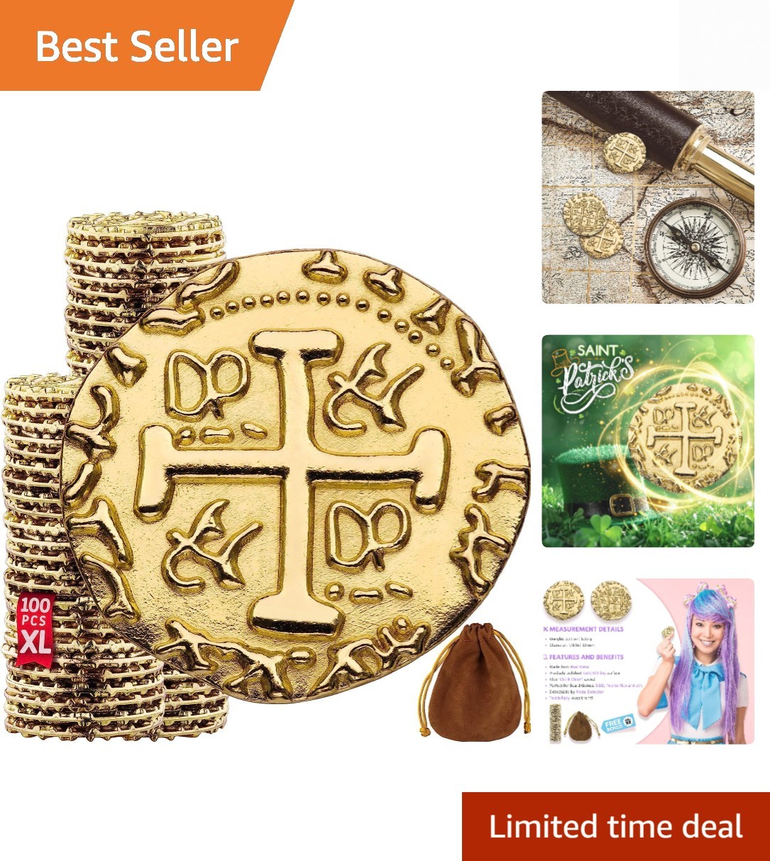 Large Gold Metal Pirate Coins – 100 Leprechaun Metal Gold Coins for St Patric…