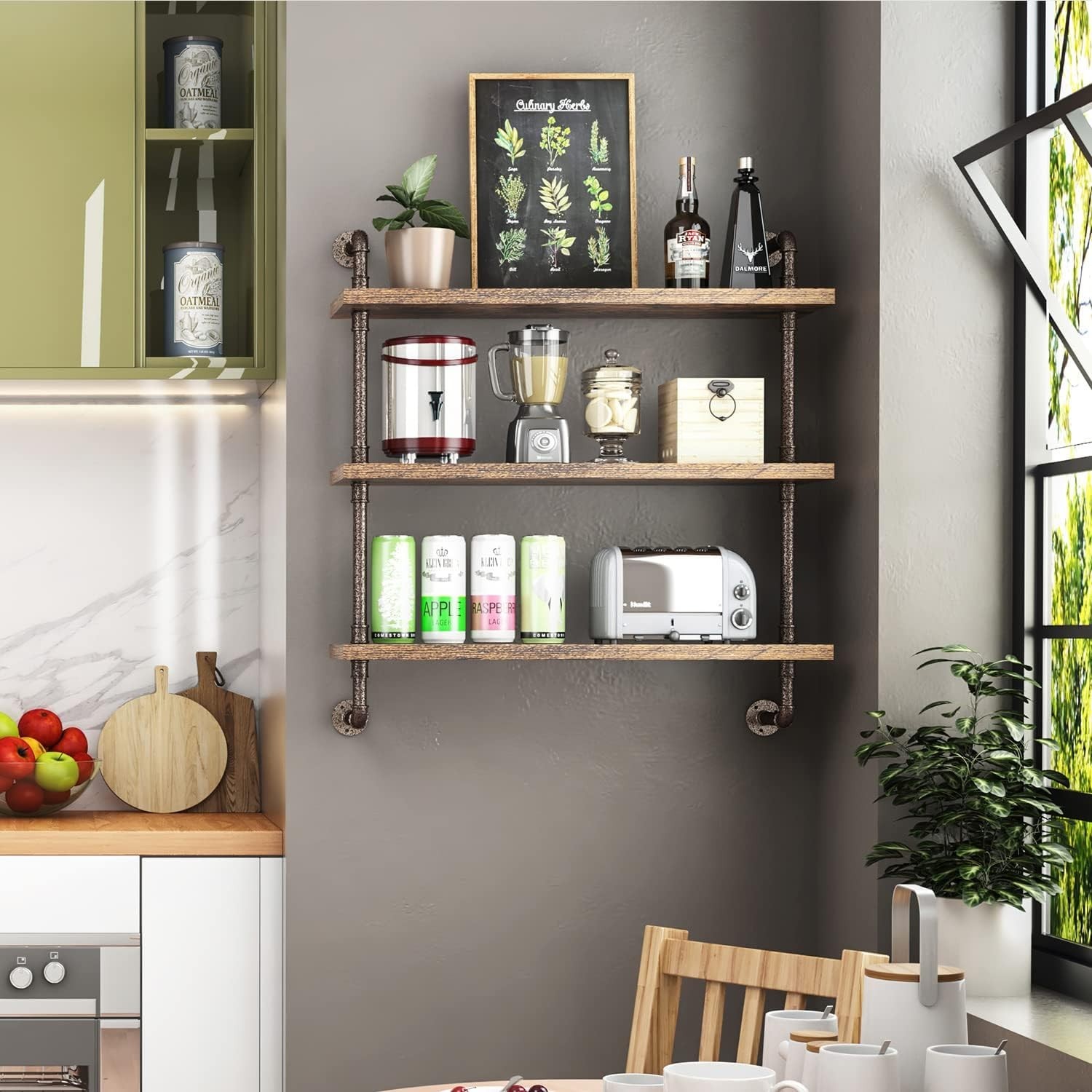 3 Tier Industrial Pipe Shelf – Rustic Wood Floating Shelves for Home Decor, Kitc
