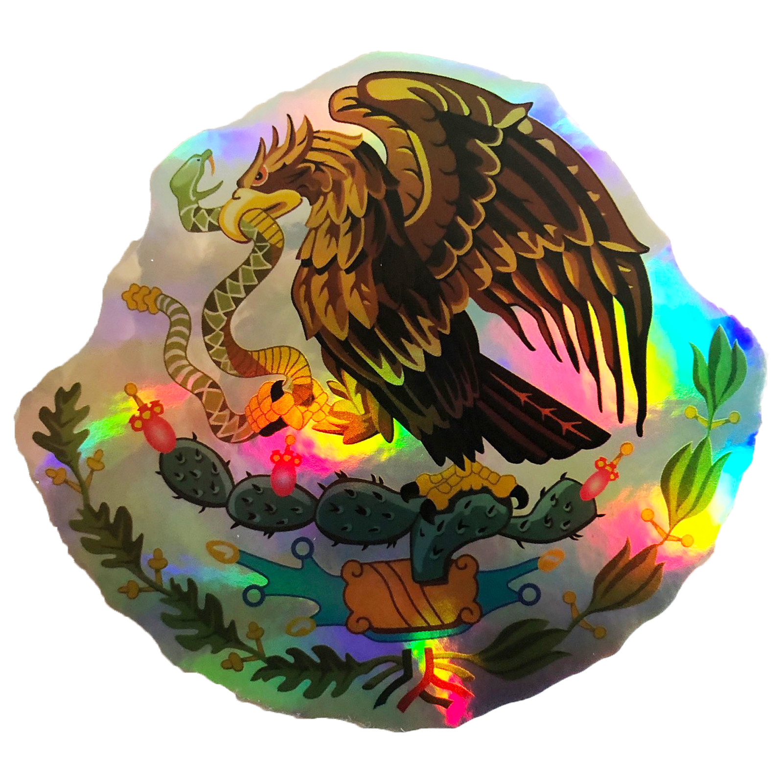 Shiny Mexican Flag Coat Of Arms Eagle With Snake Hawk Bird Sticker 3 Inch Decal
