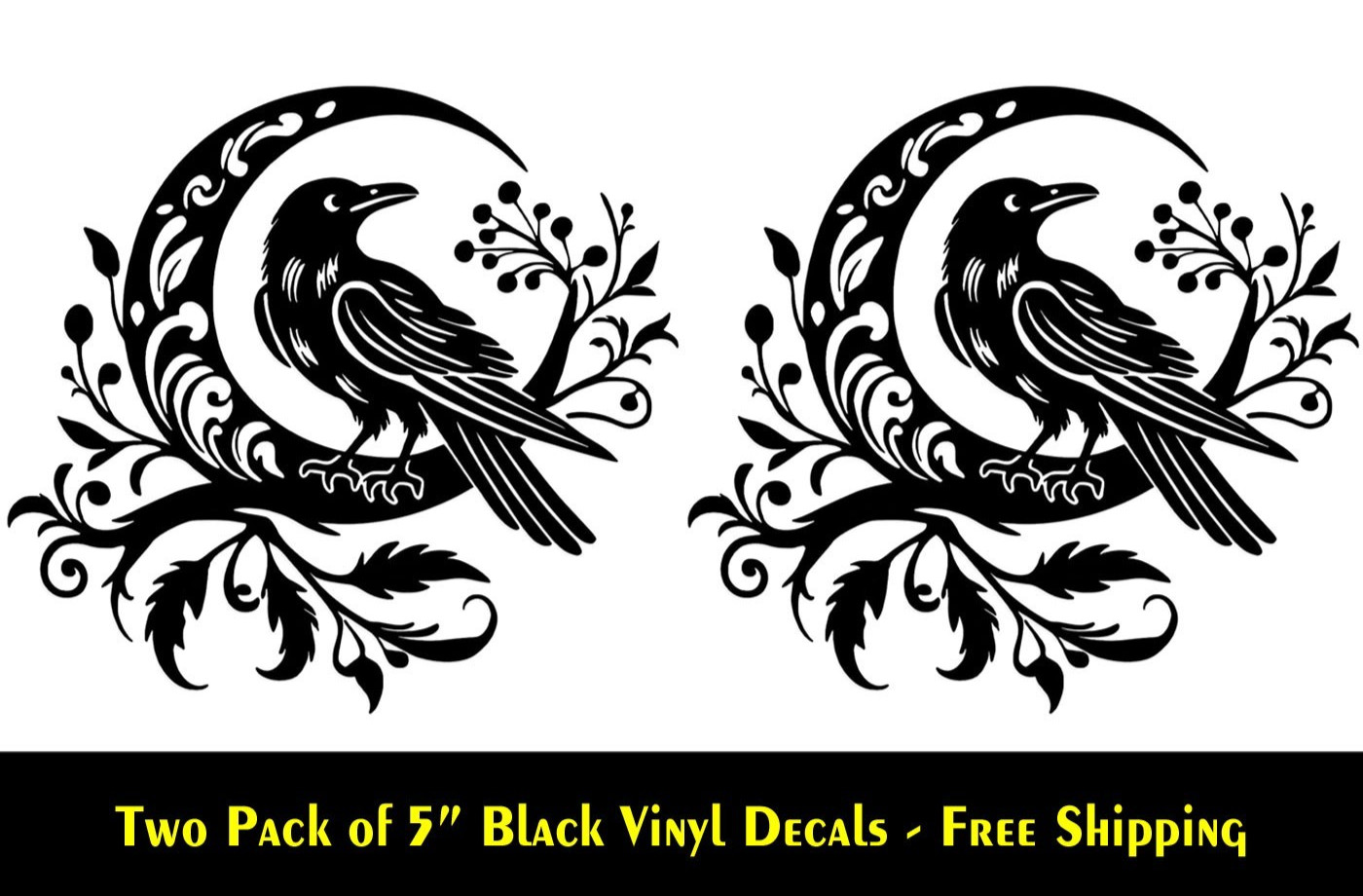 Moon Flower Crow Raven Two PK 5″ Black Decals Car Windows Laptop Tablet Mirror