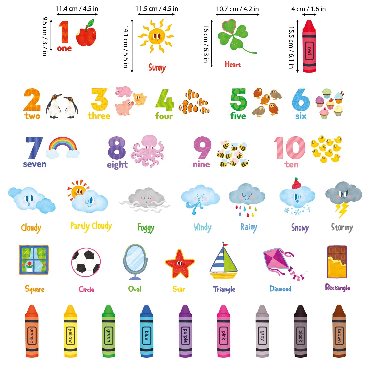 DS9-8056 Numbers Crayons Weather and Shape Wall Decals Stickers Kids Nursery …