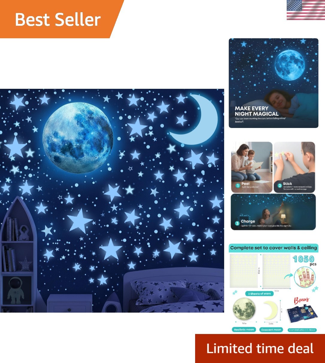 Glow in the Dark Stars for Ceiling, 1050 Pcs with Moons & E-Book Blue