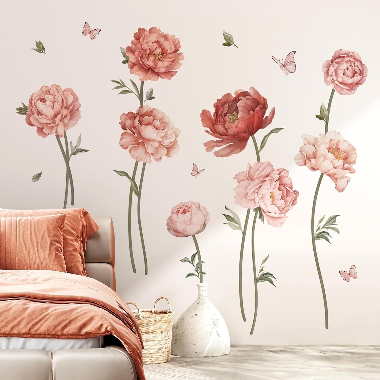wondever Pink Peony Rose Flower Wall Stickers Boho Floral Peel and Stick