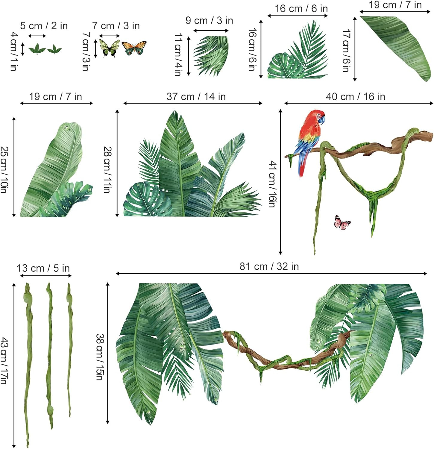 Wondever Palm Leaf Wall Stickers Tropical Leaves Green Plant Peel and Stick Wall