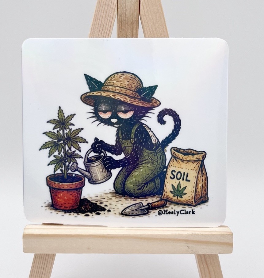 Cat Weed Gardener Vinyl Holographic Waterproof Sticker Square 4” Original Art