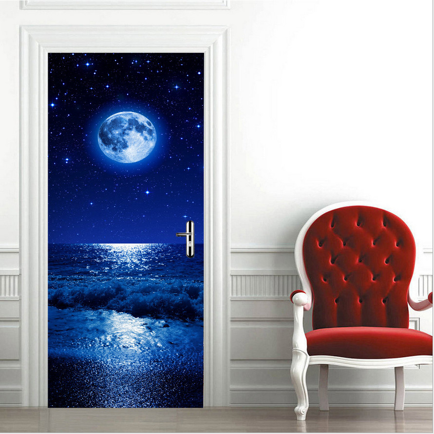 3D Wall Art Starry Sky Moon View Door Sticker PVC Decal Self-adhesive Wrap Mural
