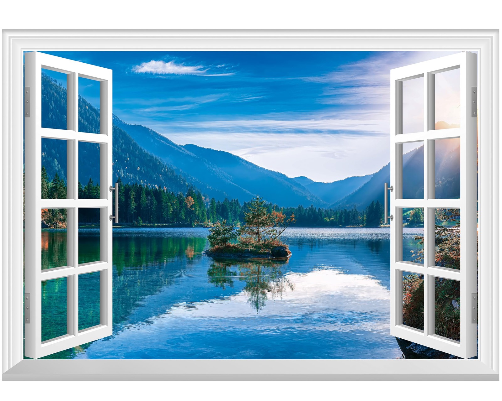 Fake Window Wall Mural – Mountain Lake Faux Window Wall Sticker for Wall Deco…