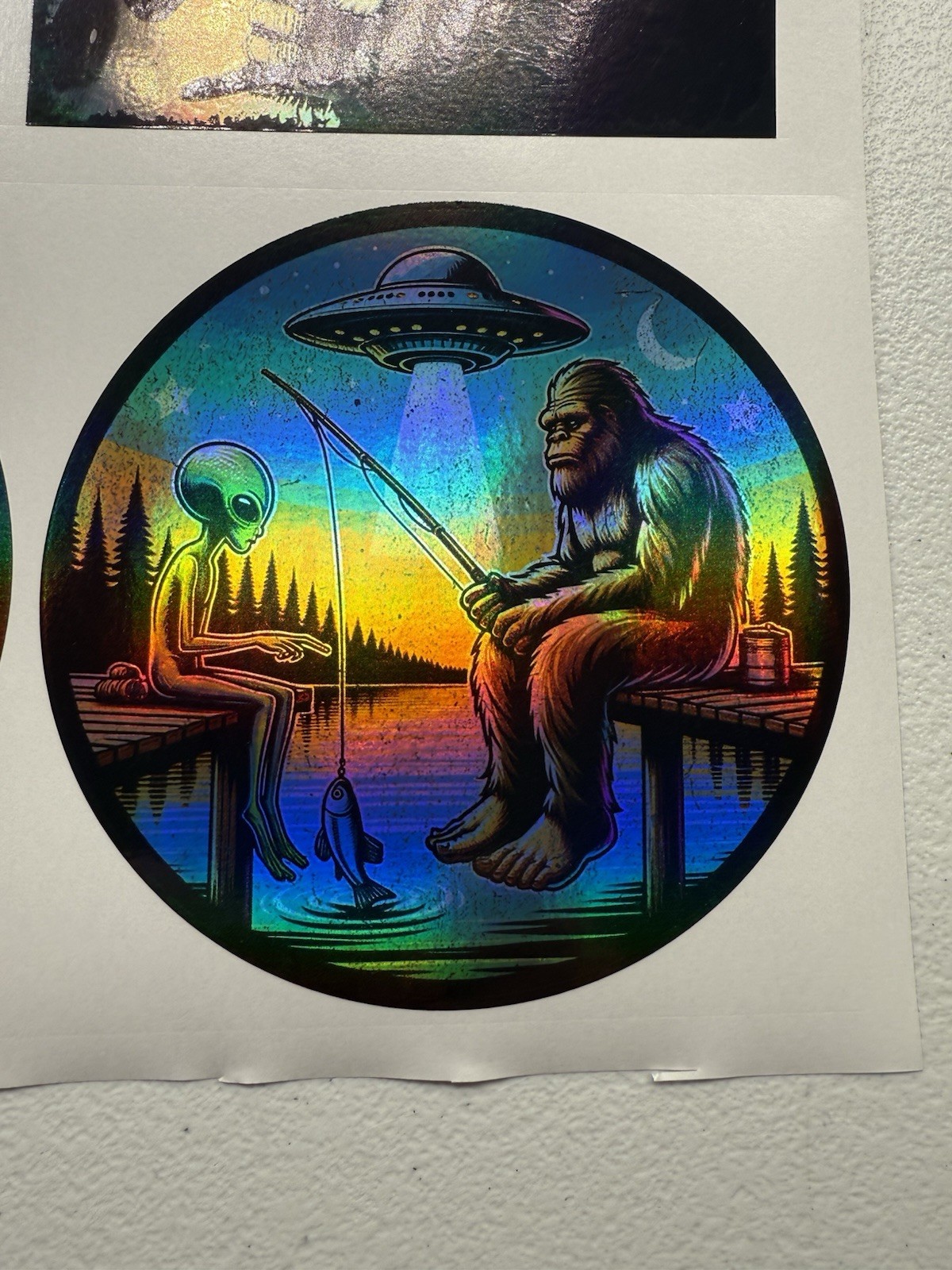 Alien And Sasquatch Fishing Holographic Vinyl Decal Bigfoot
