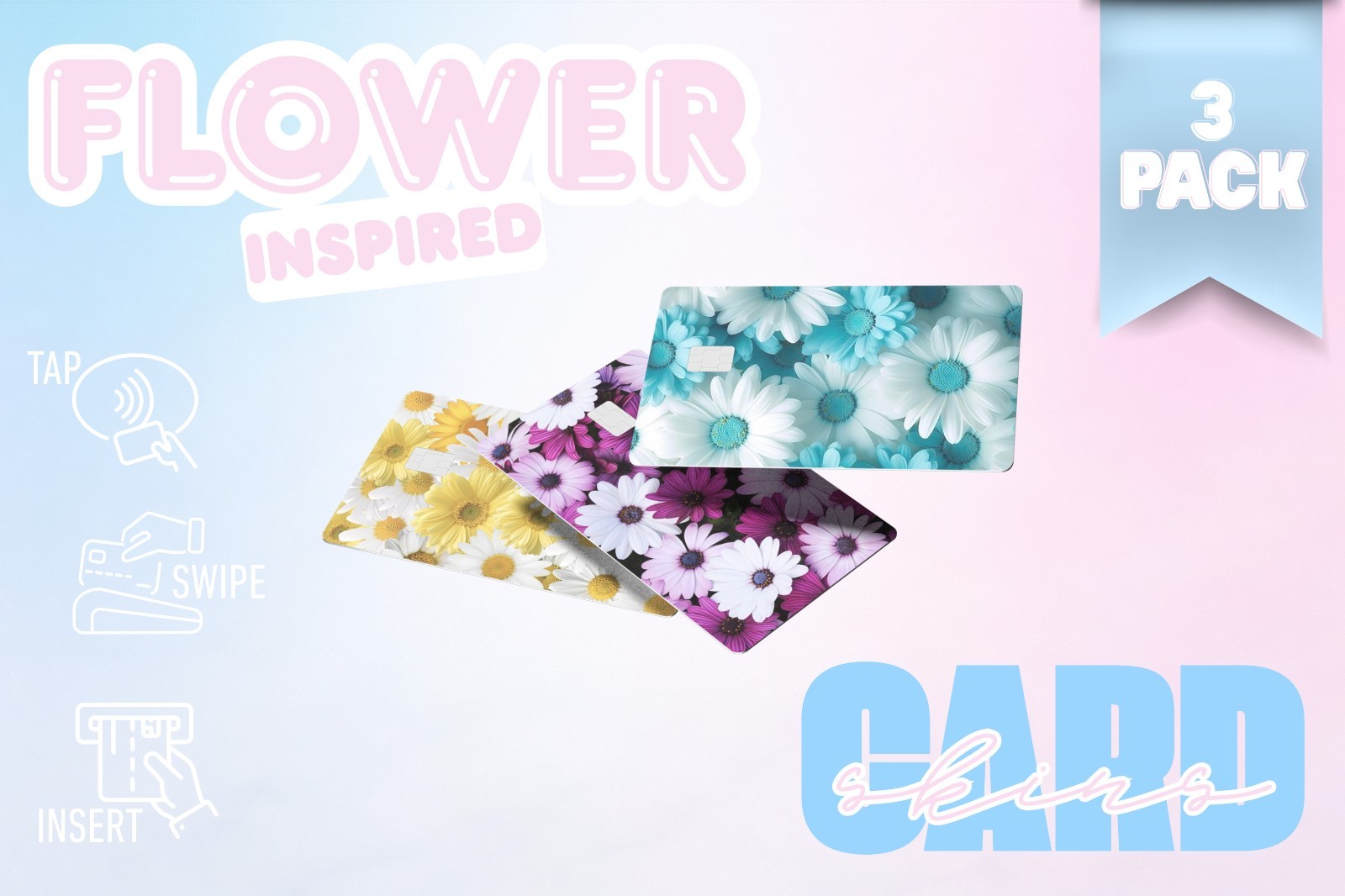 3‑Pack Flower Inspired Card Skins –Vinyl Credit & Debit Card Covers | Durable