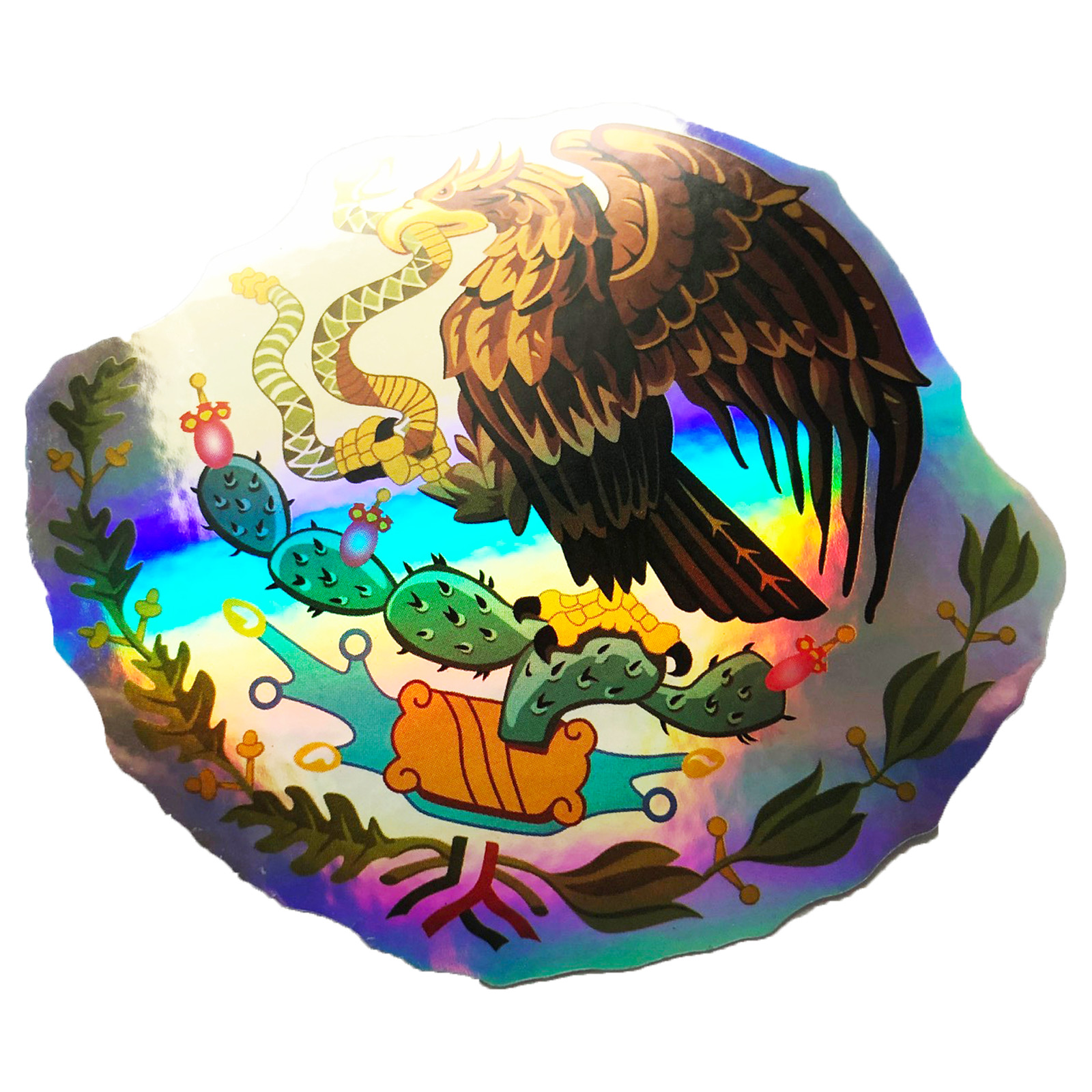 Shiny Mexican Flag Coat Of Arms Eagle With Snake Hawk Bird Sticker 3 Inch Decal