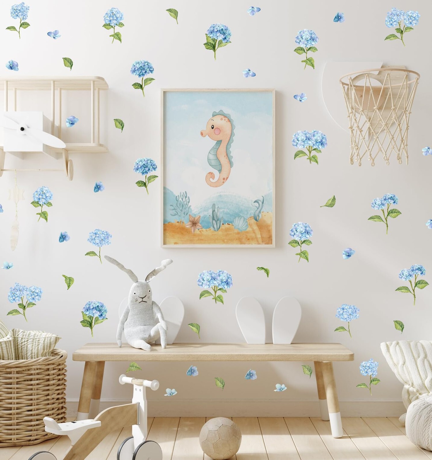 Watercolor Blue Hydrangea Wall Stickers, Blossom Floral Vinyl Wall Decals, Re…
