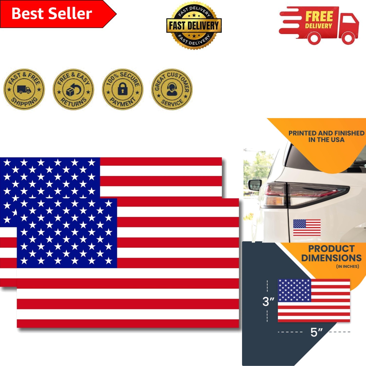 American Flag Magnet Decal 3×5 in 2-Pack – Heavy Duty for Cars & Mailboxes