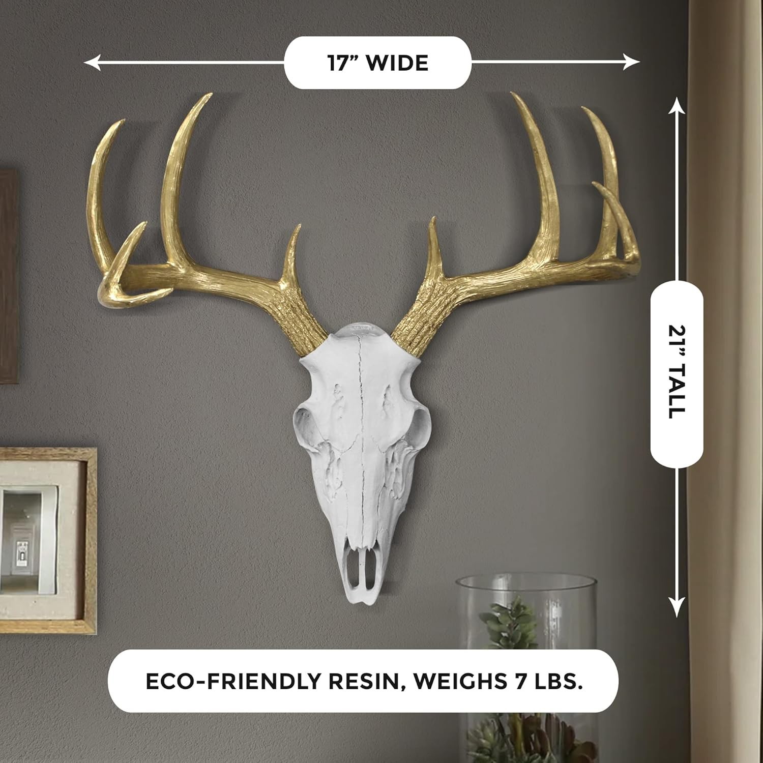 21″ Faux Deer Skull Wall Decor White Gold Antler Handmade Farmhouse Art