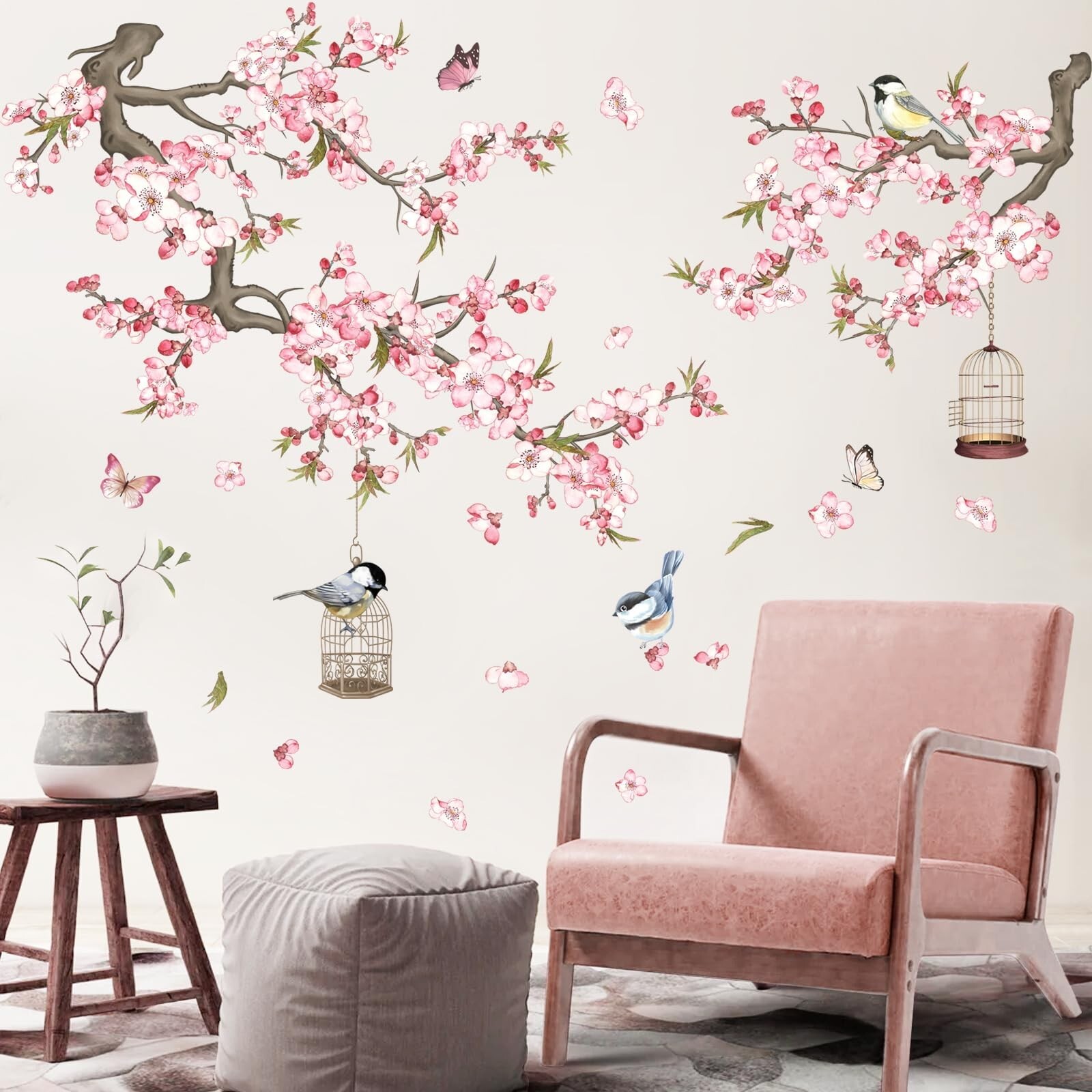 wondever Cherry Blossom Wall Stickers Pink Flowers Tree Branch Peel and Stick…