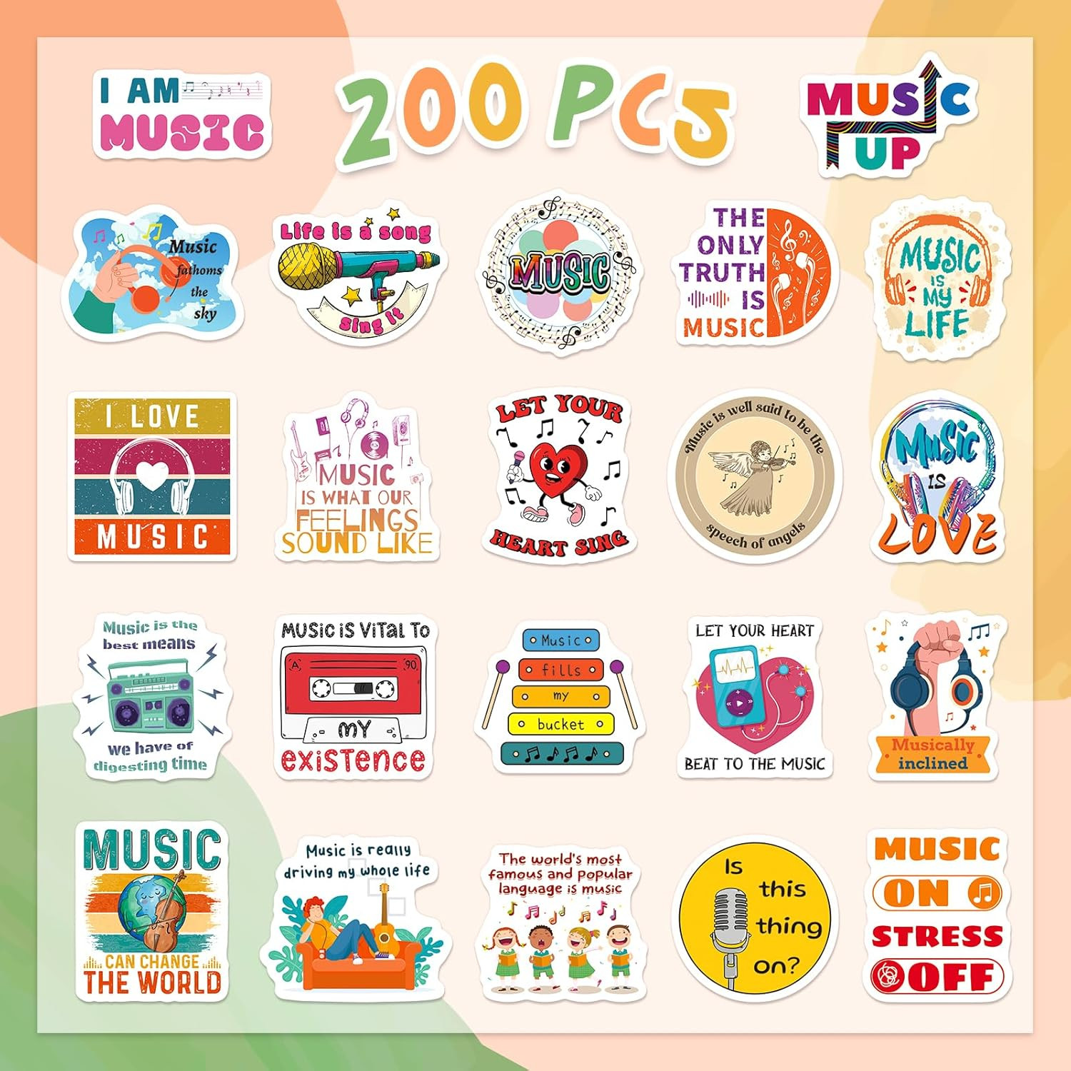 200 Music Motivational Stickers for Kids Teens Adults, Vinyl Sticker Pack