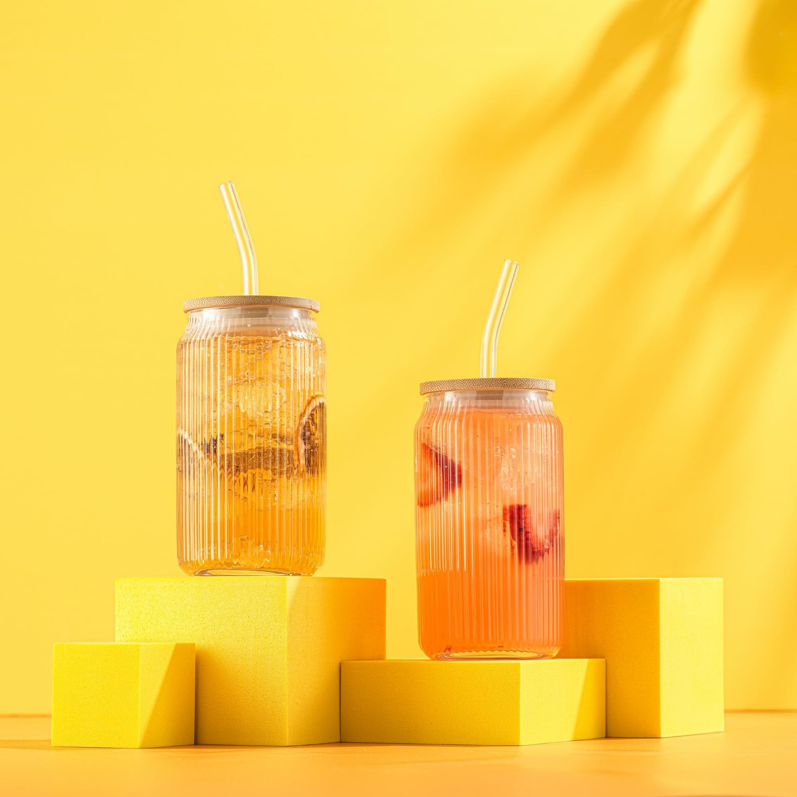 JoyJolt Fluted Glass Tumblers with Bamboo Lids and Glass Straws, Ribbed Can S…