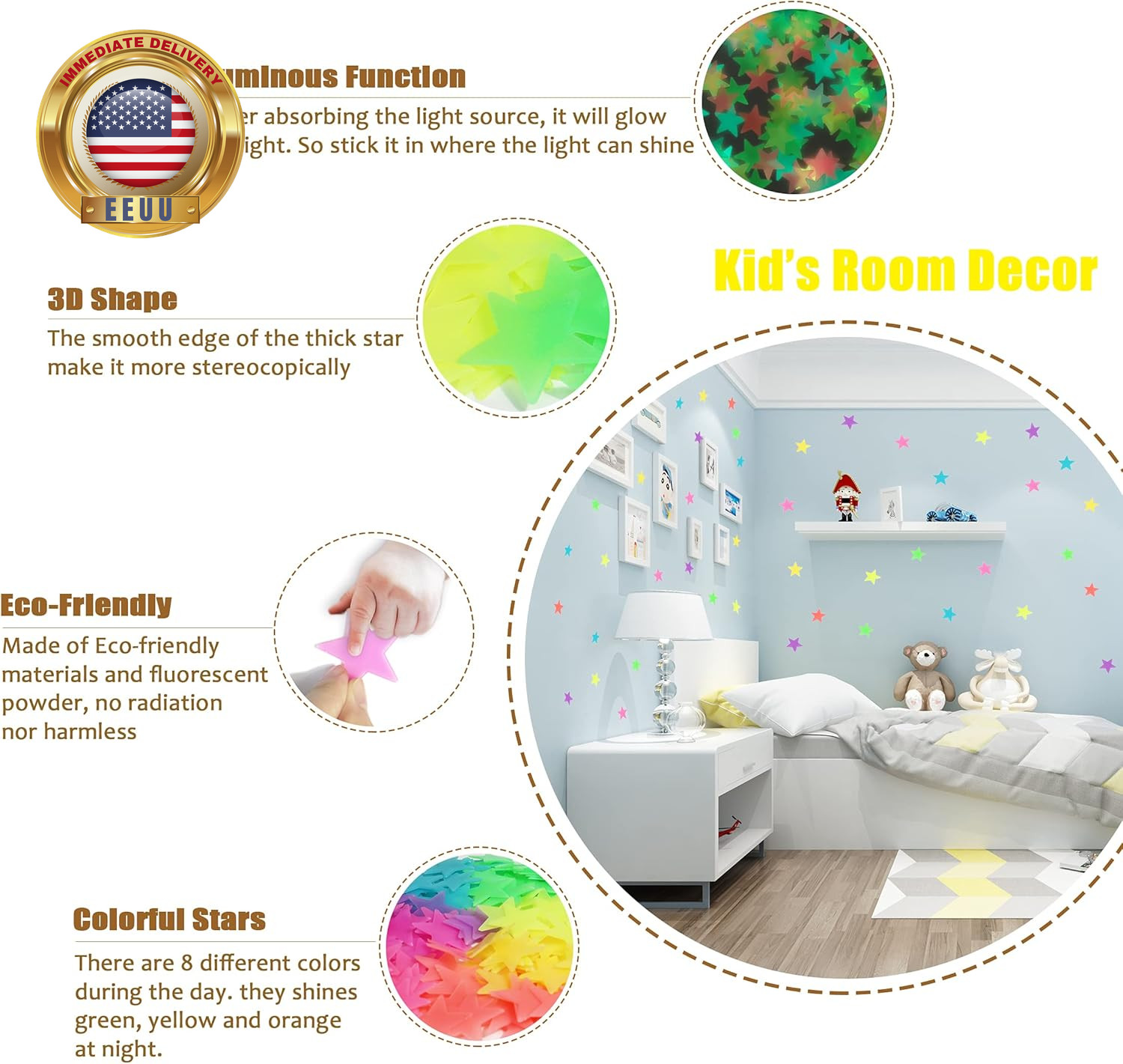 Glow in the Dark Stars Stickers for Ceiling, Adhesive 200Pcs 3D Glowing Stars an