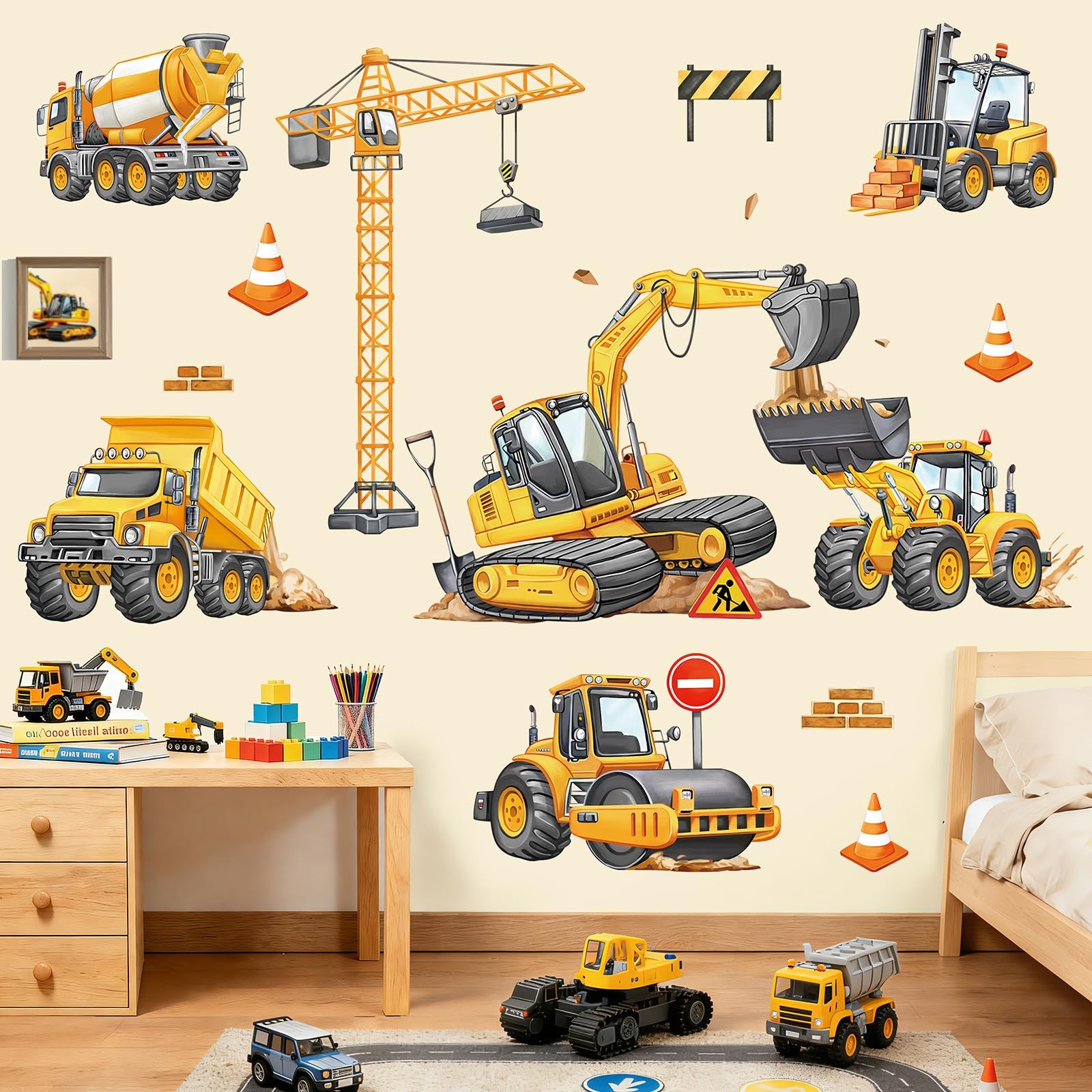 Construction Vehicles Excavator Wall Decals Engineering Car Tractor Crane Wal…