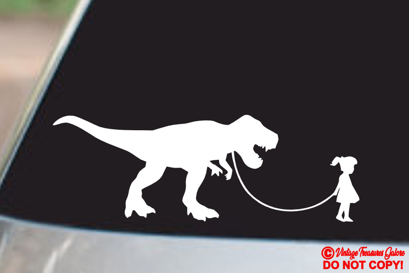GIRL WALKING A TYRANNOSAURUS REX Vinyl Decal Sticker Car Rear Window Bumper TREX