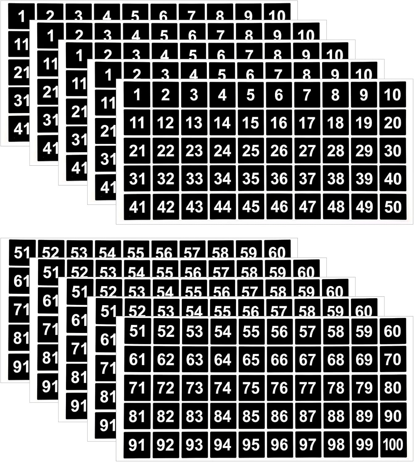 AIEX 10 Sheets Number Stickers 5 Sets of 1-100 Vinyl Square Number Sticker Water