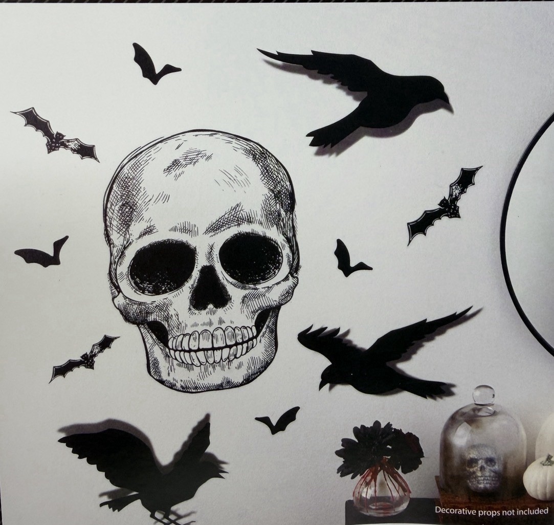Halloween Skull Raven Bat Wall Art Decals Gothic Spooky Decor 39″ x 13″