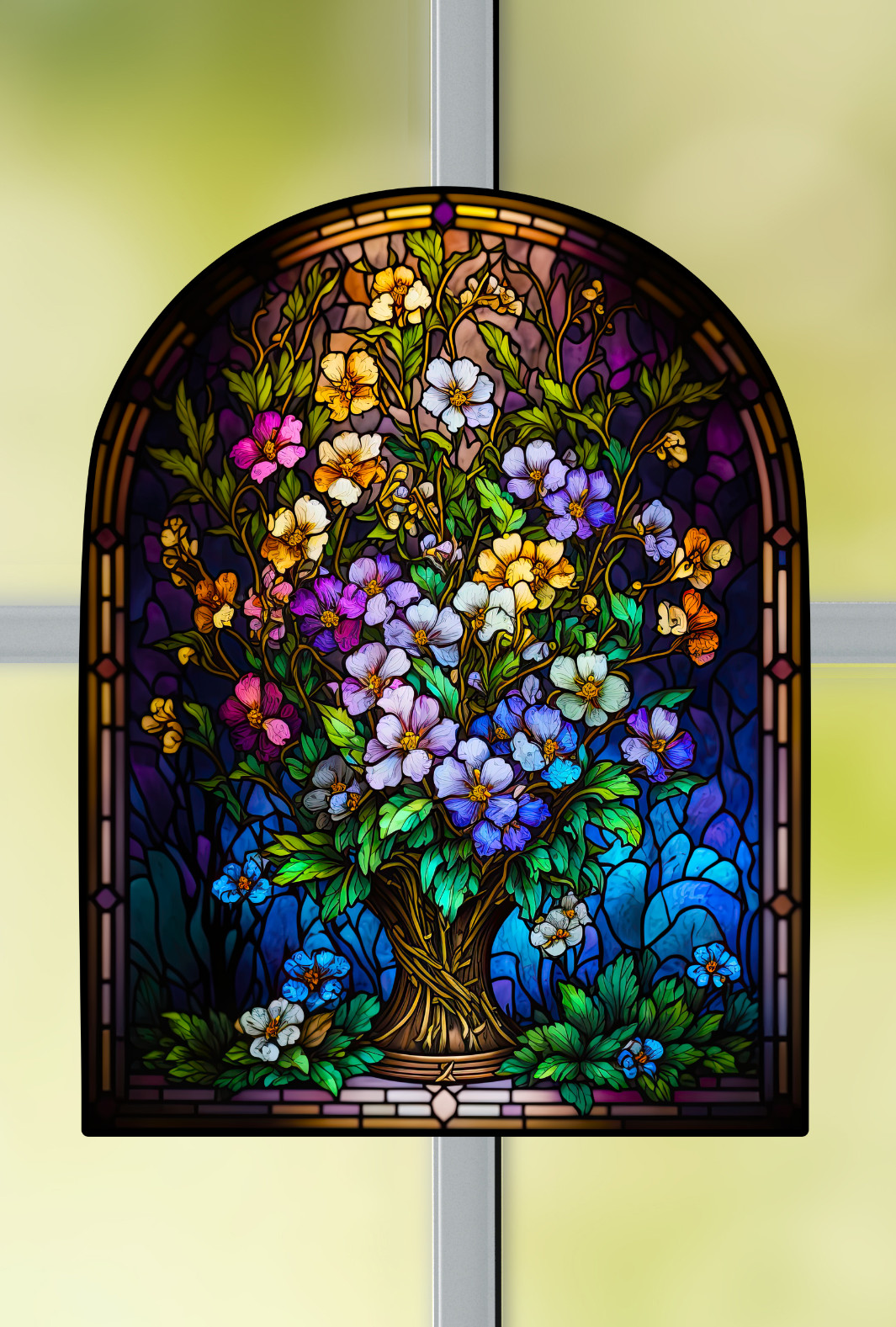 Primroses Faux Stained-Glass WINDOW CLING Size 10.3″ Arch Shape ~ Vinyl
