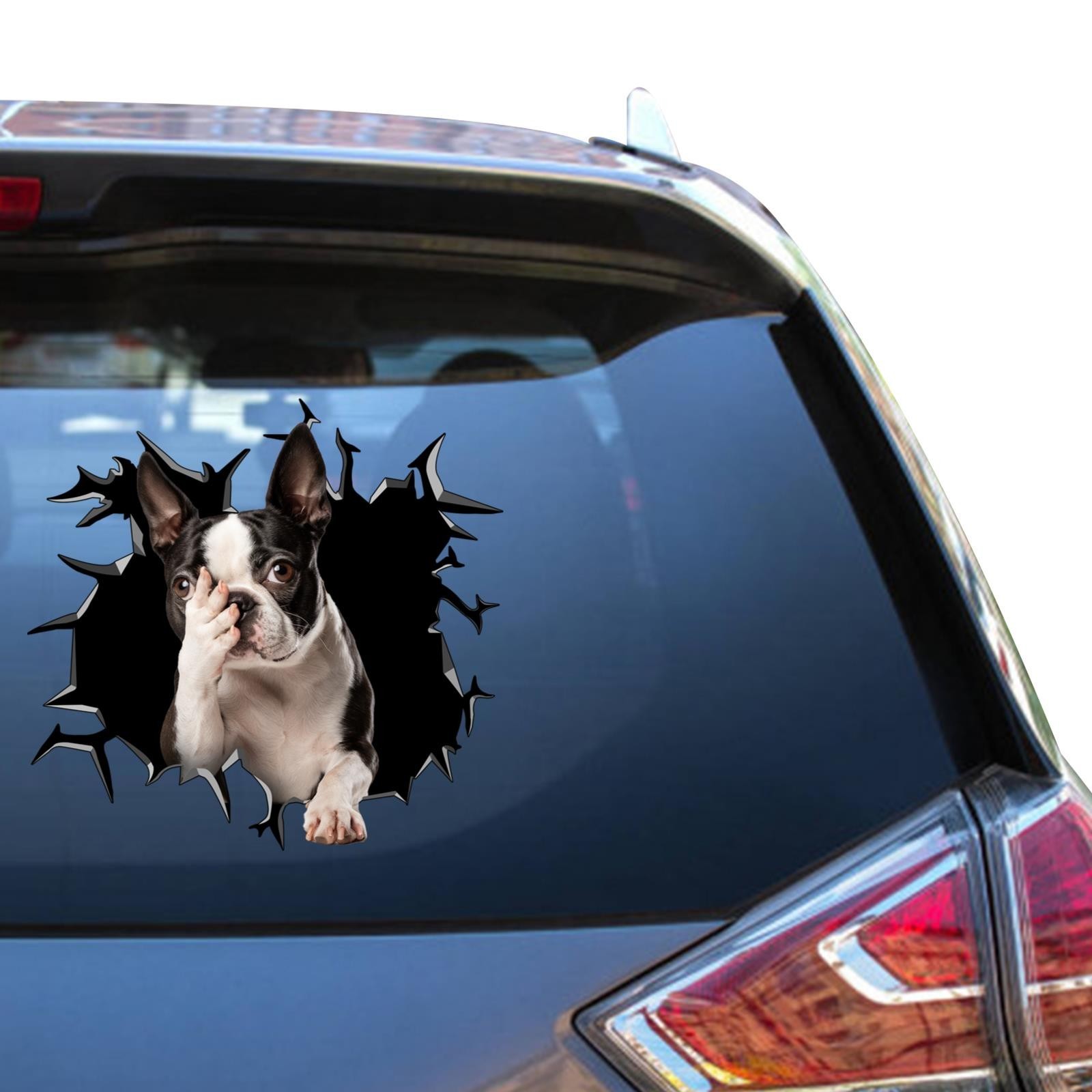 Boston Terrier Car Window Decal Funny Facepalm Dog Cracked Glass Sticker