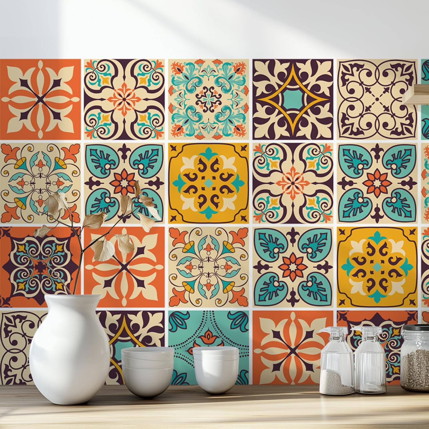 Moroccan Tile Wall Stickers 4x4in PVC Self Adhesive Set of 30