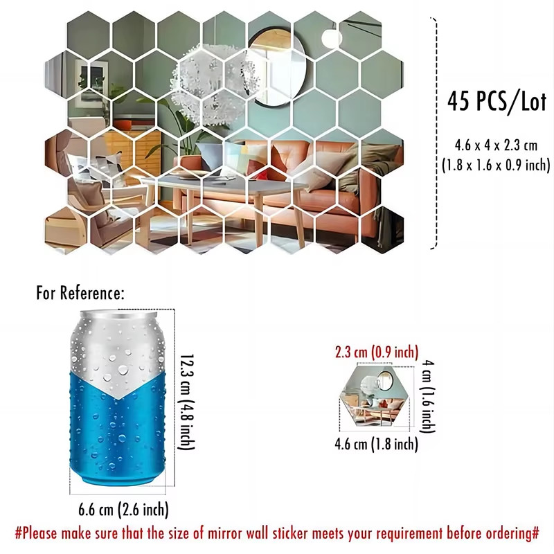 45PCS Hexagon Mirror Wall Stickers – DIY Decorative Wall Art Tiles