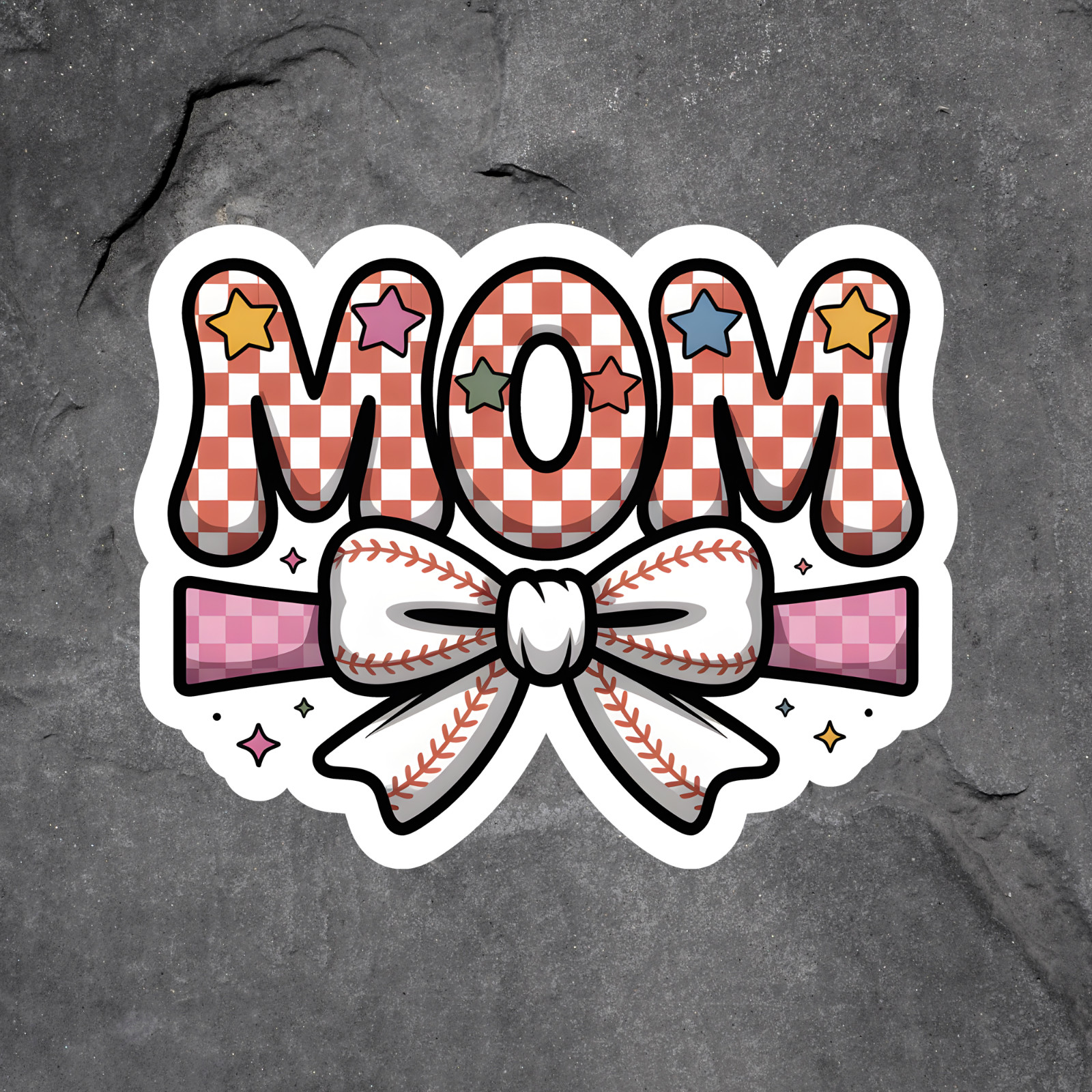 Mom sticker vinyl decal baseball bow checkered cute sports mom gift idea