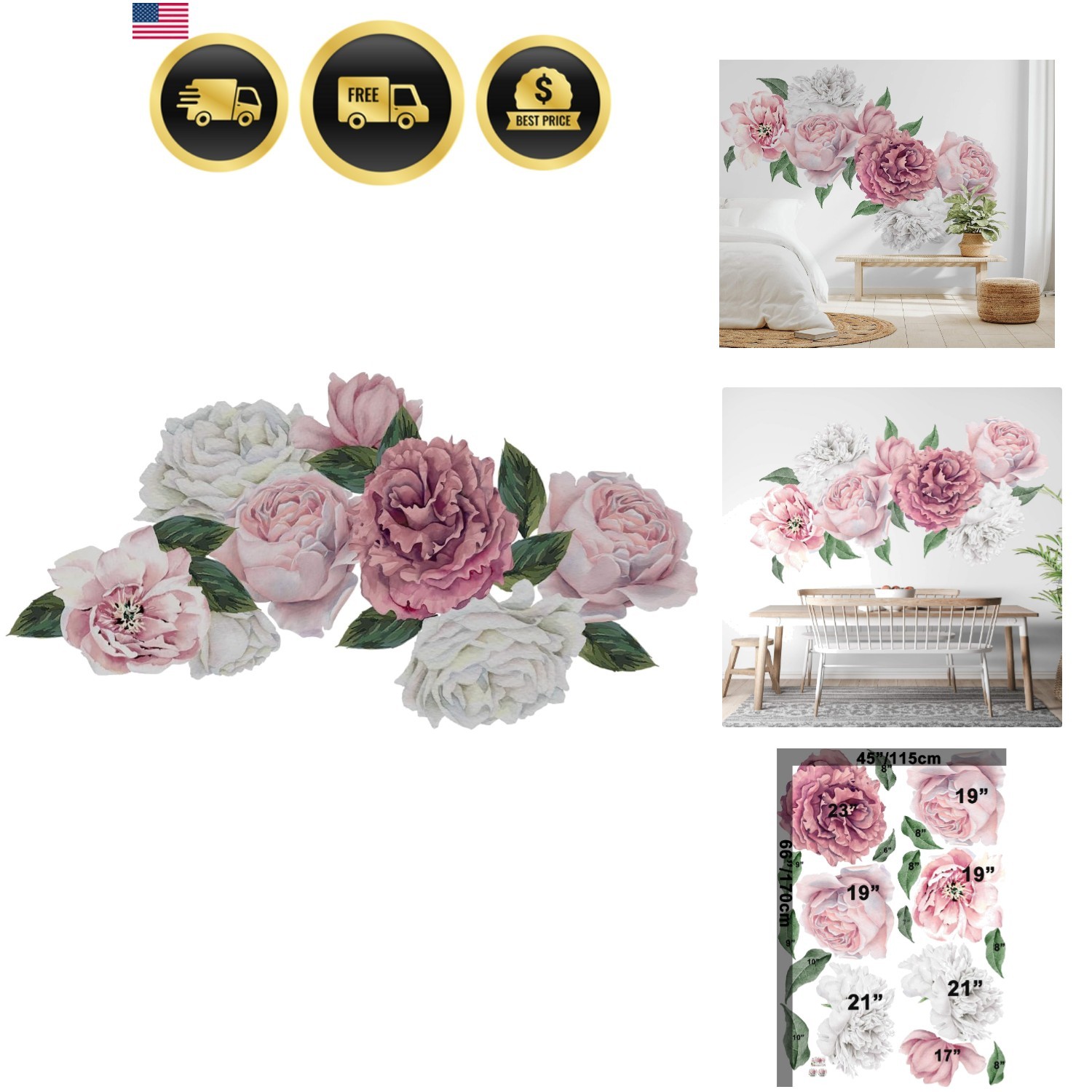 Peony Floral Wall Decal Peonies Blossom Wall Stickers Pink Rose Peel and Stic…