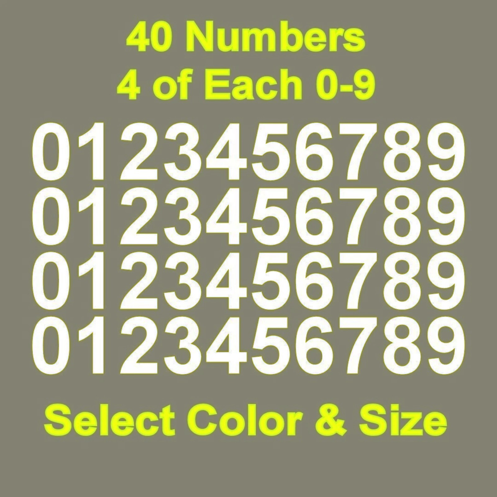 0-9 Numbers Vinyl Sticker Decals Set of 40 – Select Color & Size 1″ to 4″
