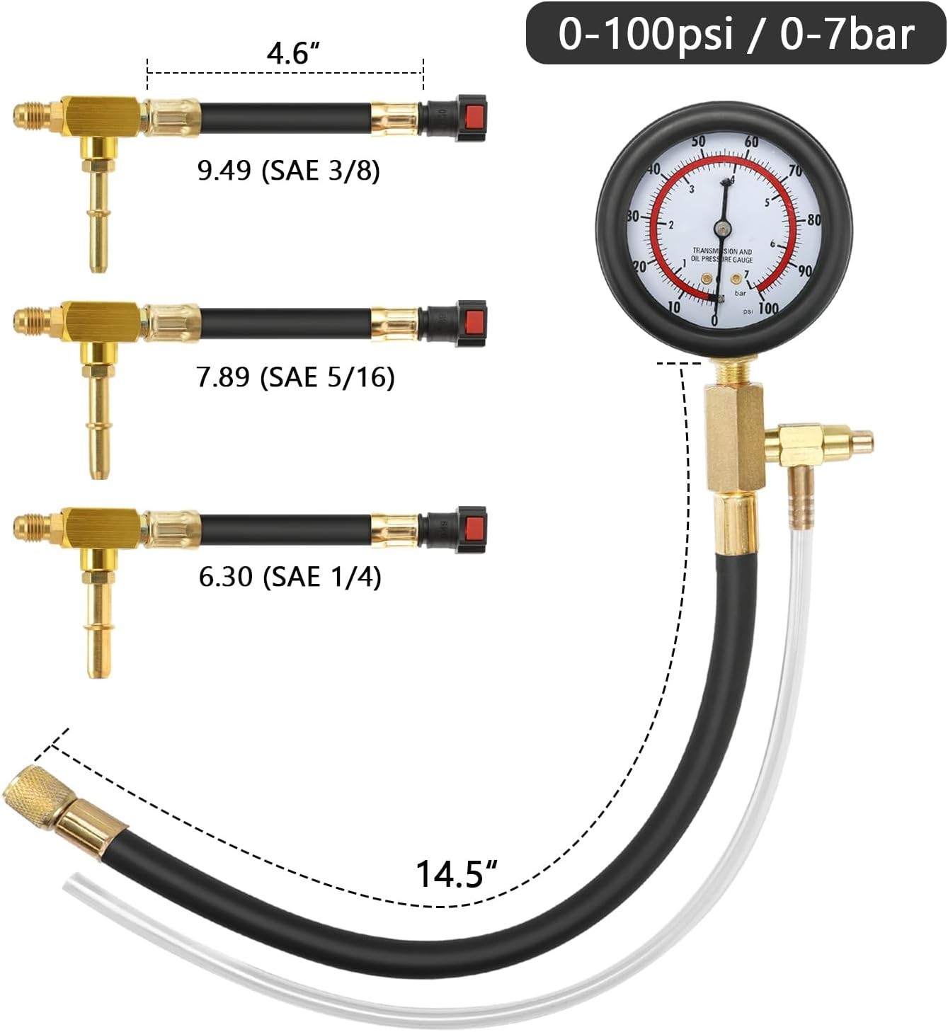 Fuel Pressure Test Kit 0-100PSI with 9.49,7.89,6.30 Fuel Line Fittings