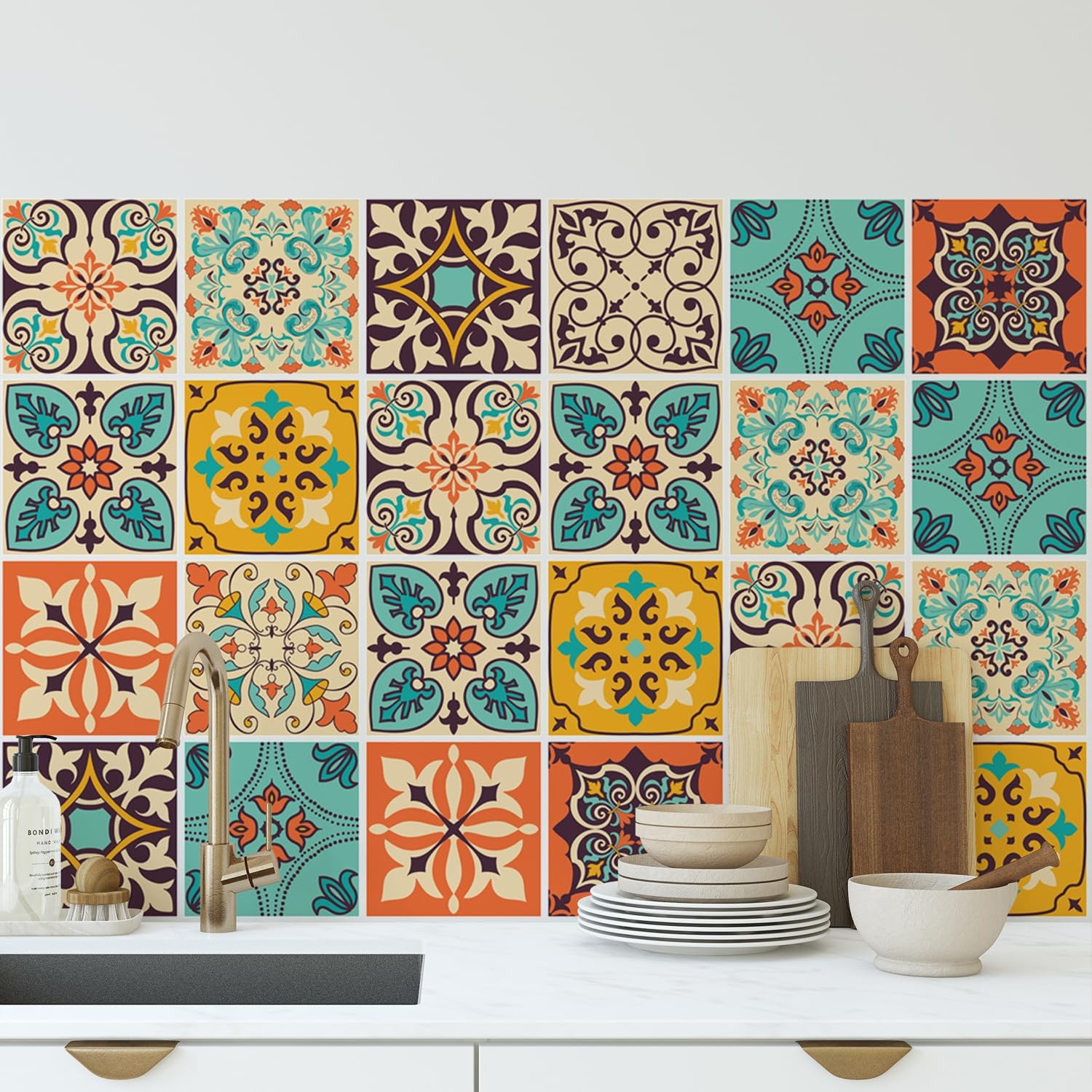Moroccan Tile Wall Stickers 4x4in PVC Self Adhesive Set of 30