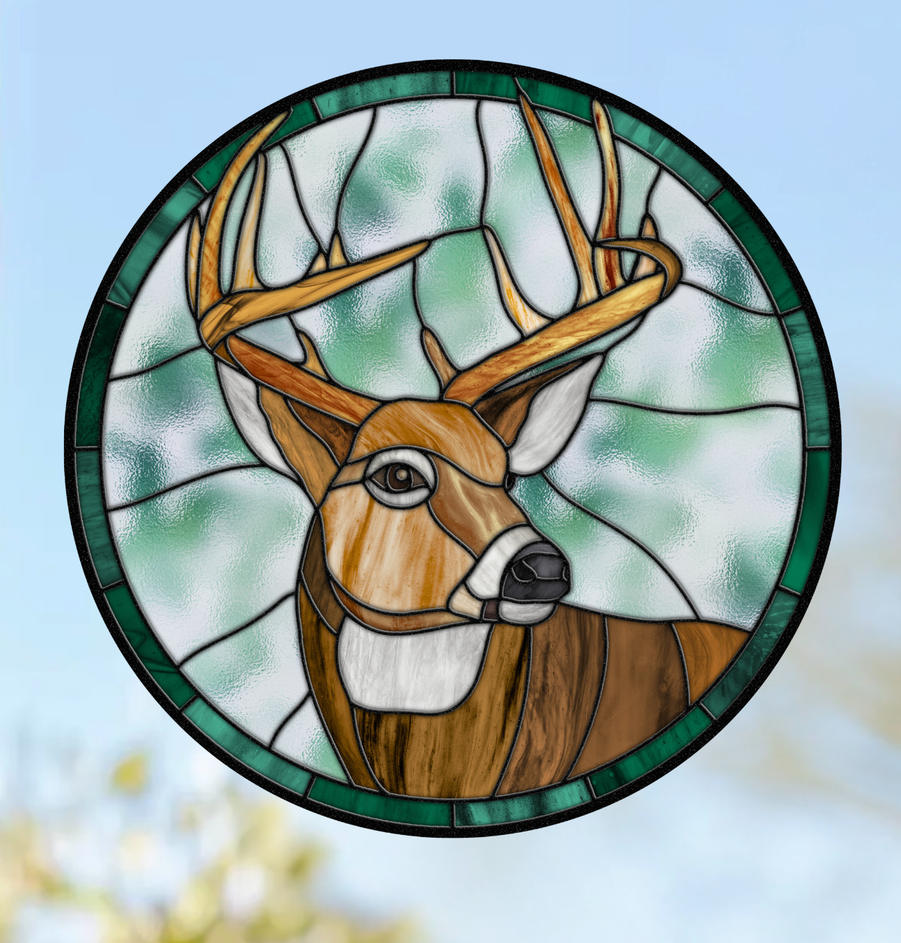 Buck ~ Deer Faux Stained-Glass WINDOW CLING Size 8″ Round Repositionable Vinyl