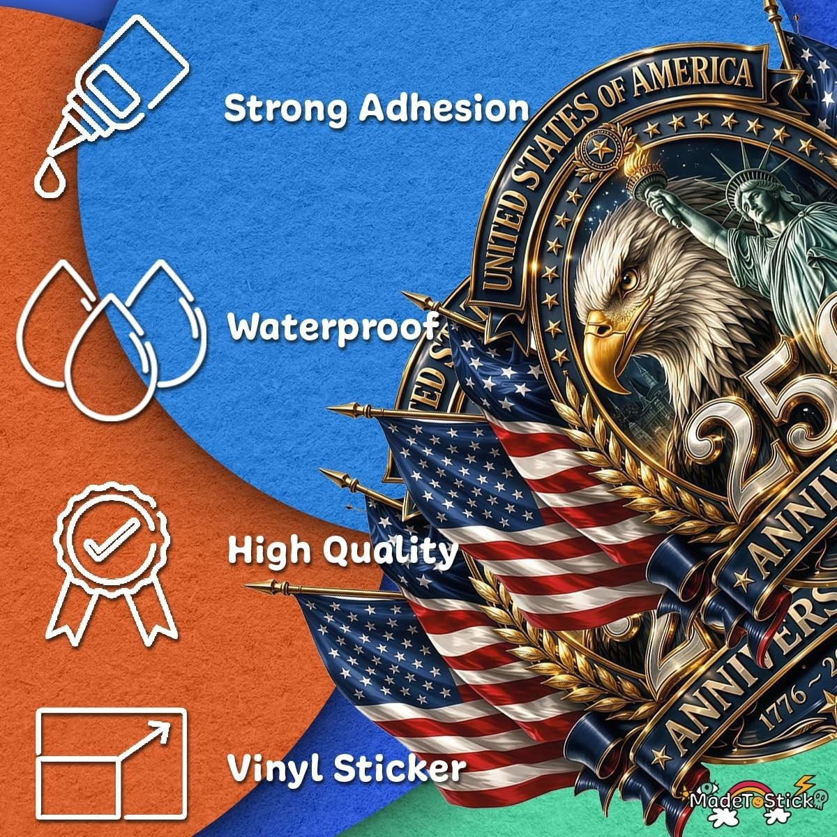 2-Pack USA 250th Anniversary Crest Eagle Liberty Seal Sticker Decal 4″x5″