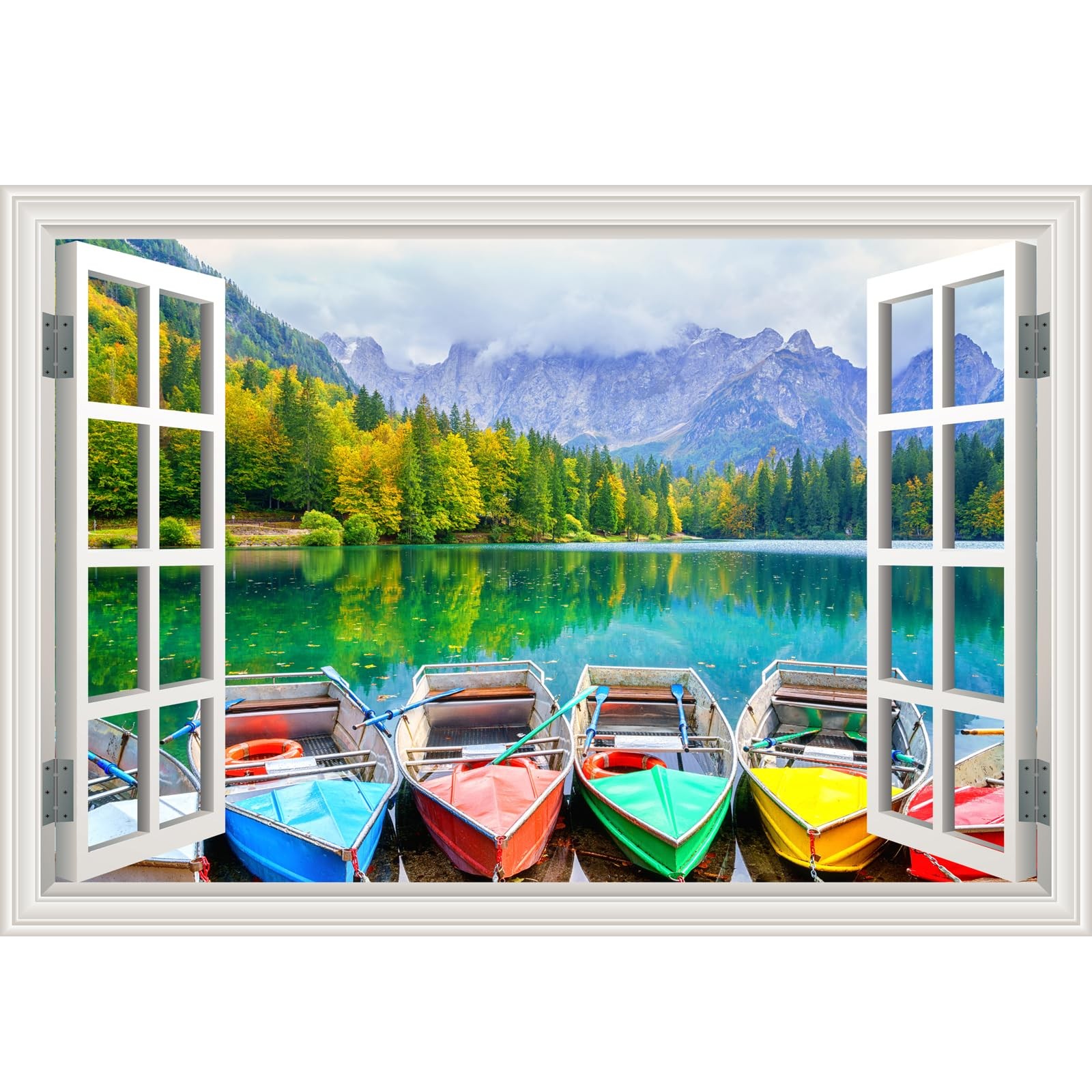 Fake Window Wall Mural Sticker Far Mountain Forest Lake Boat Decal Faux Windo…