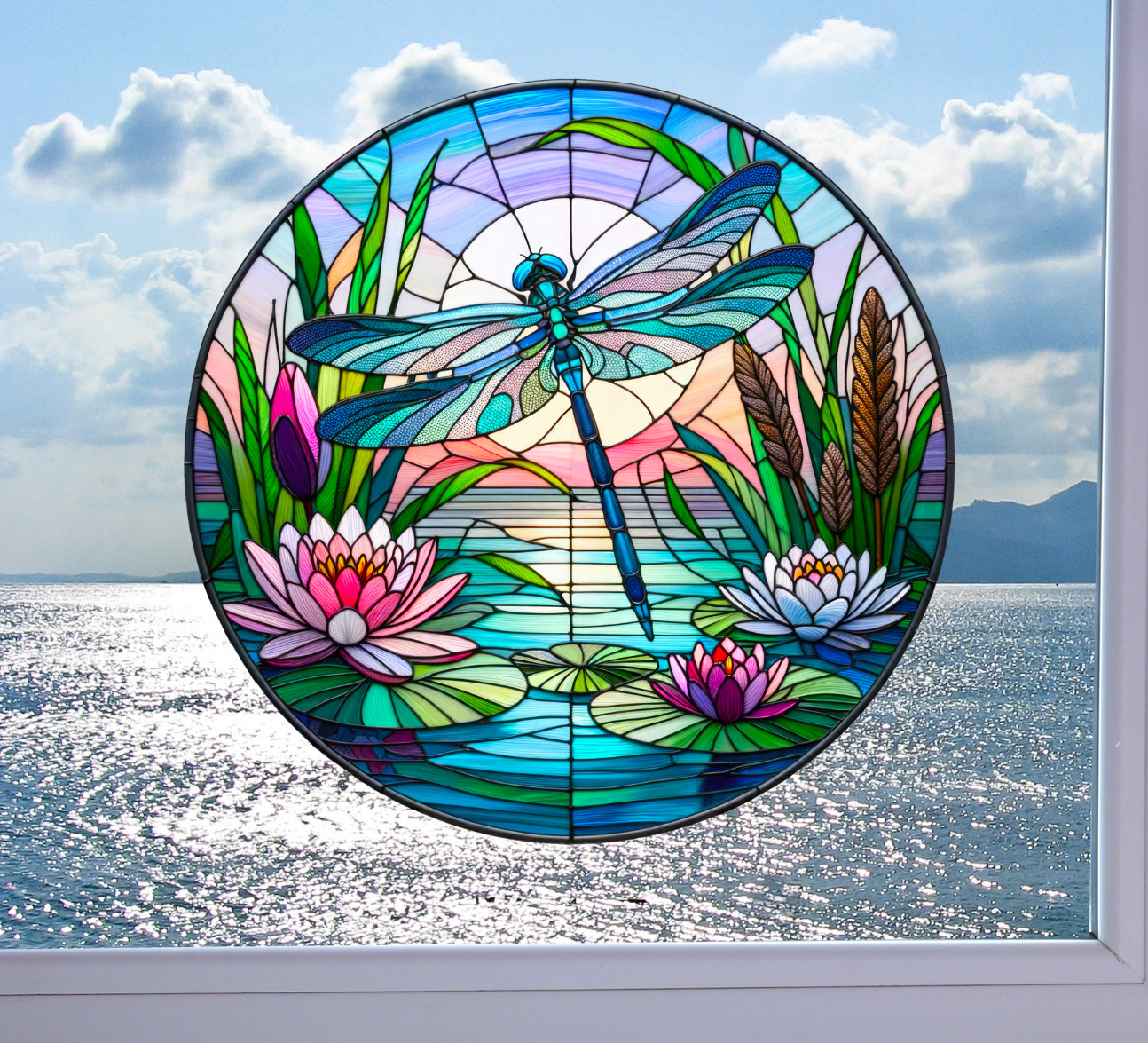 Dragonfly Water Lily Faux Stained-Glass WINDOW CLING Sun-catcher Size 8″ Round